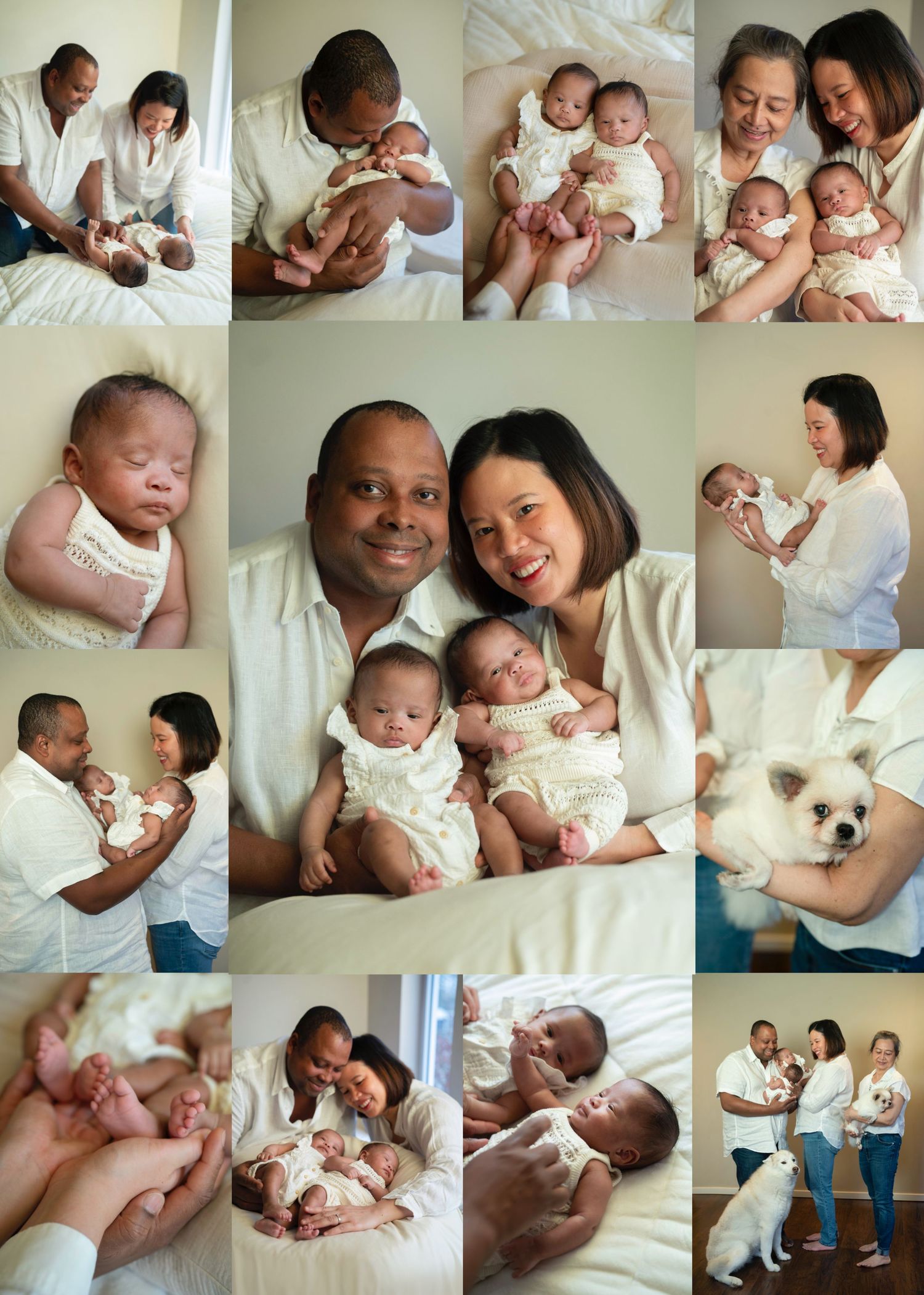 A heartwarming collage of family photos showing tender moments with a baby and a small white dog.