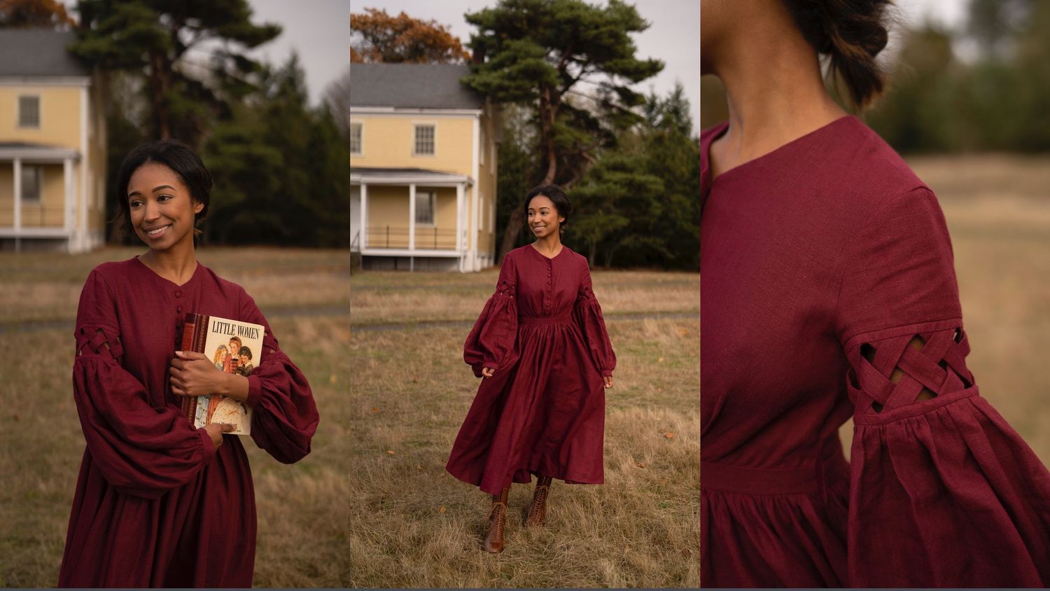 A vintage-styled scene shows a burgundy dress with someone holding a book against a yellow house backdrop.