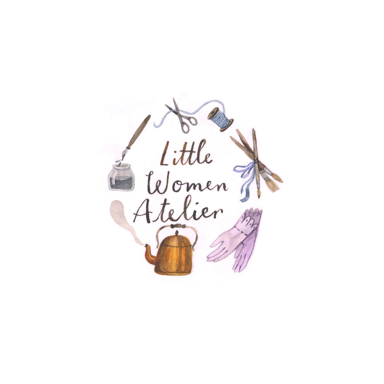 Watercolor logo design featuring crafting supplies and text reading 'Little Women Atelier'.