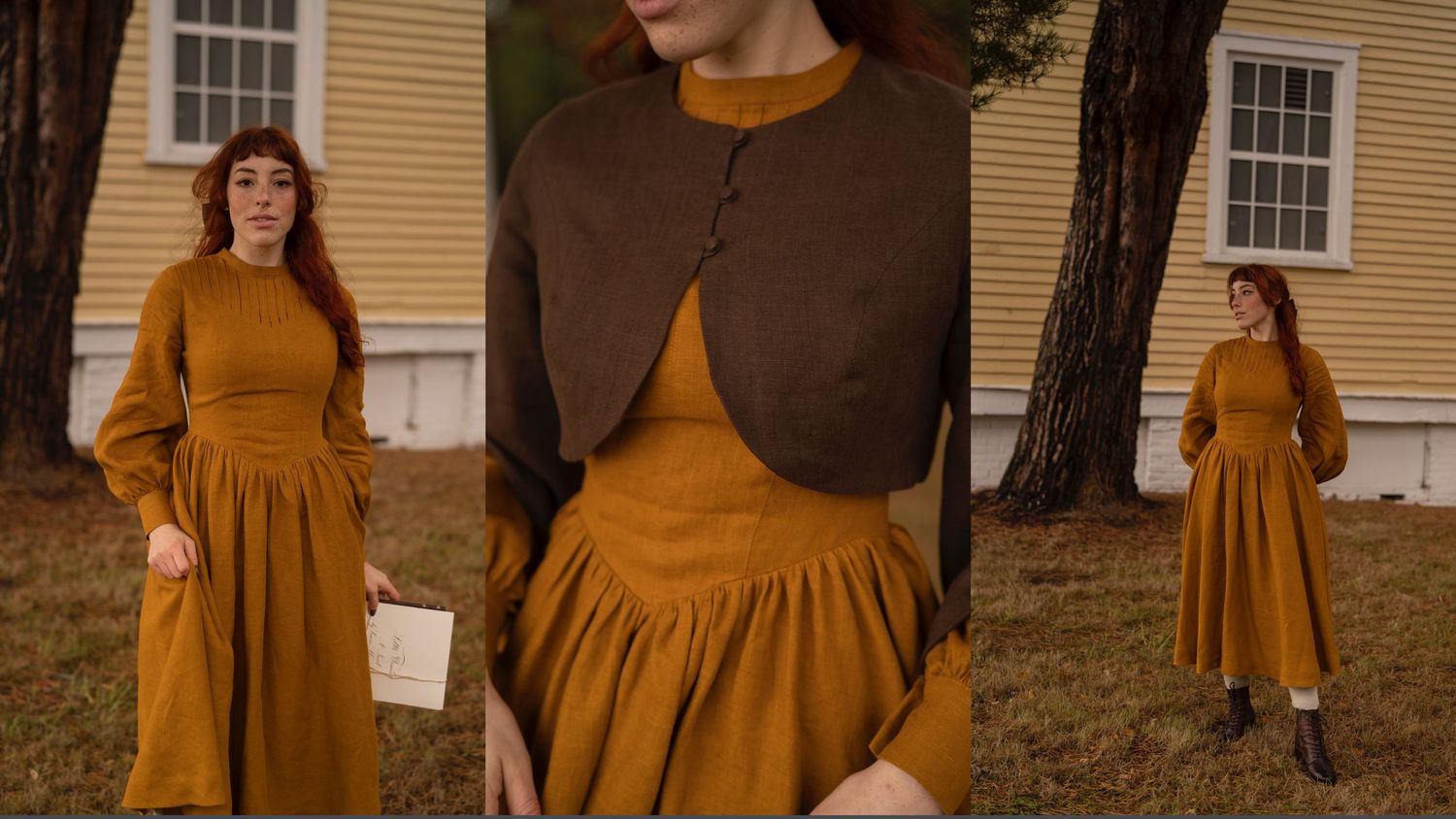 Three artistic shots of a mustard yellow dress paired with a brown bolero jacket in front of a yellow house.