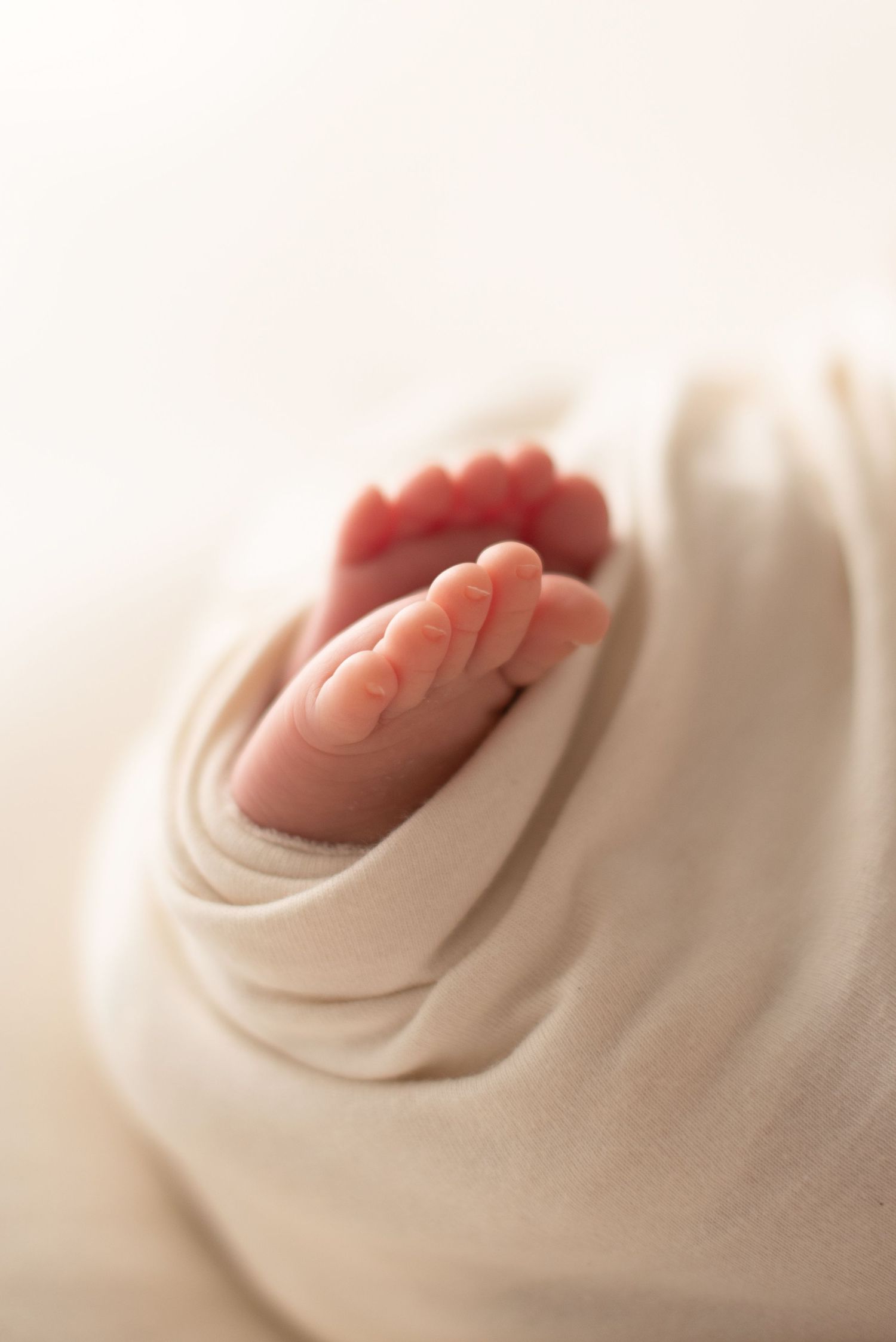 A close-up view of a newborn baby's tiny foot wrapped in soft white fabric.