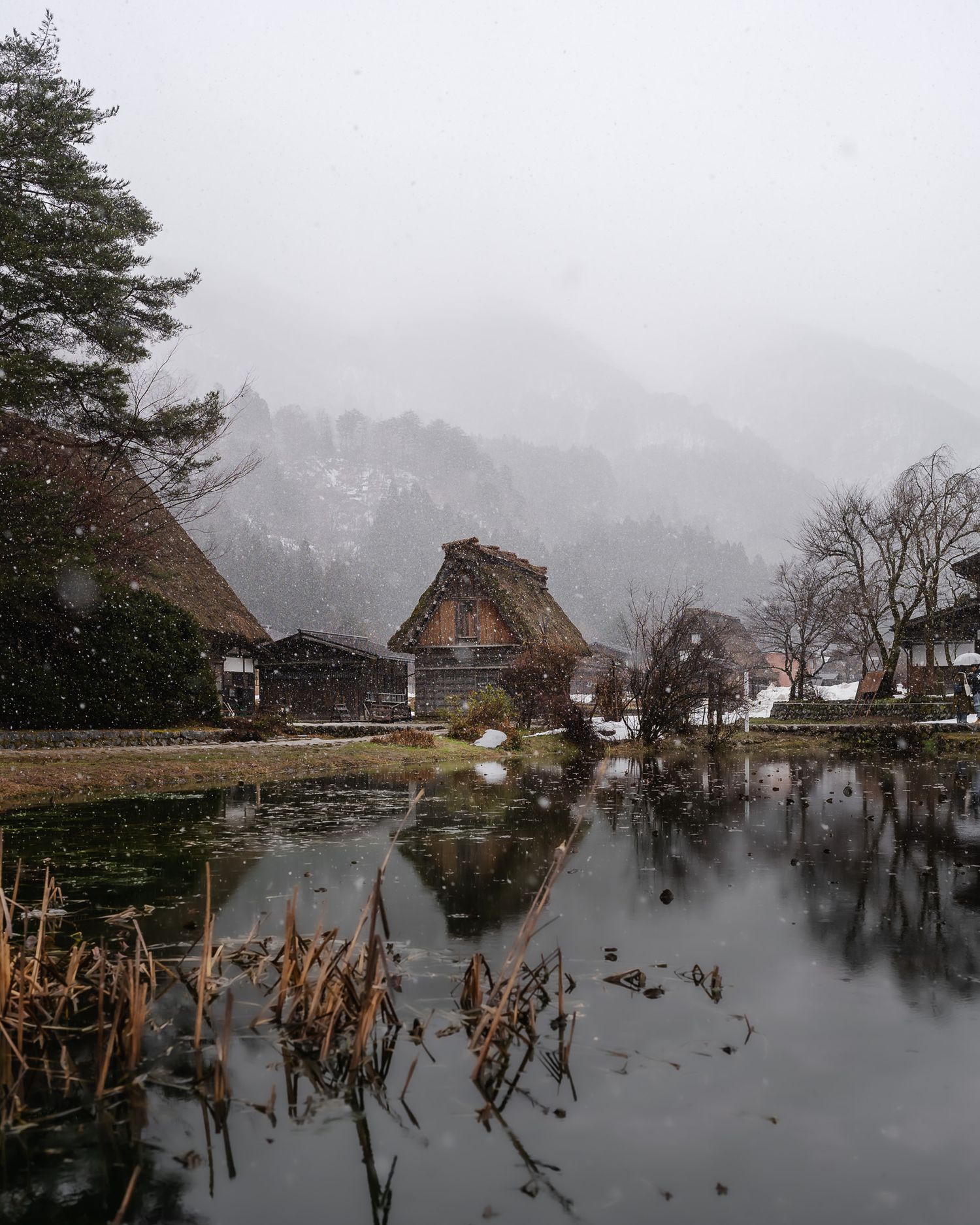 travel photo of snow fall at a tiny pond side thatch house in Shirakawa-go, Japan