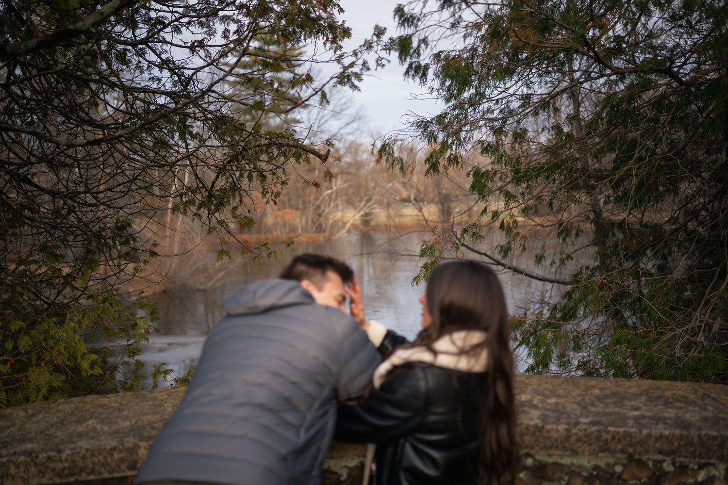 winter engagements photo session in elizabeth park photos of couple looking at pond