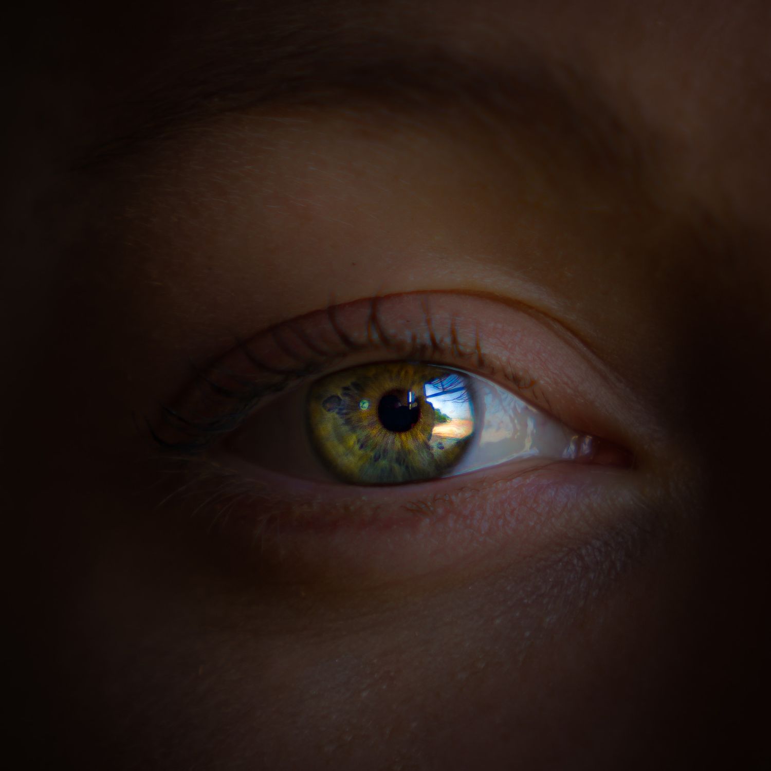 portrait of eye closeup with beautiful green and blue hues with a touch of a beach reflection showing