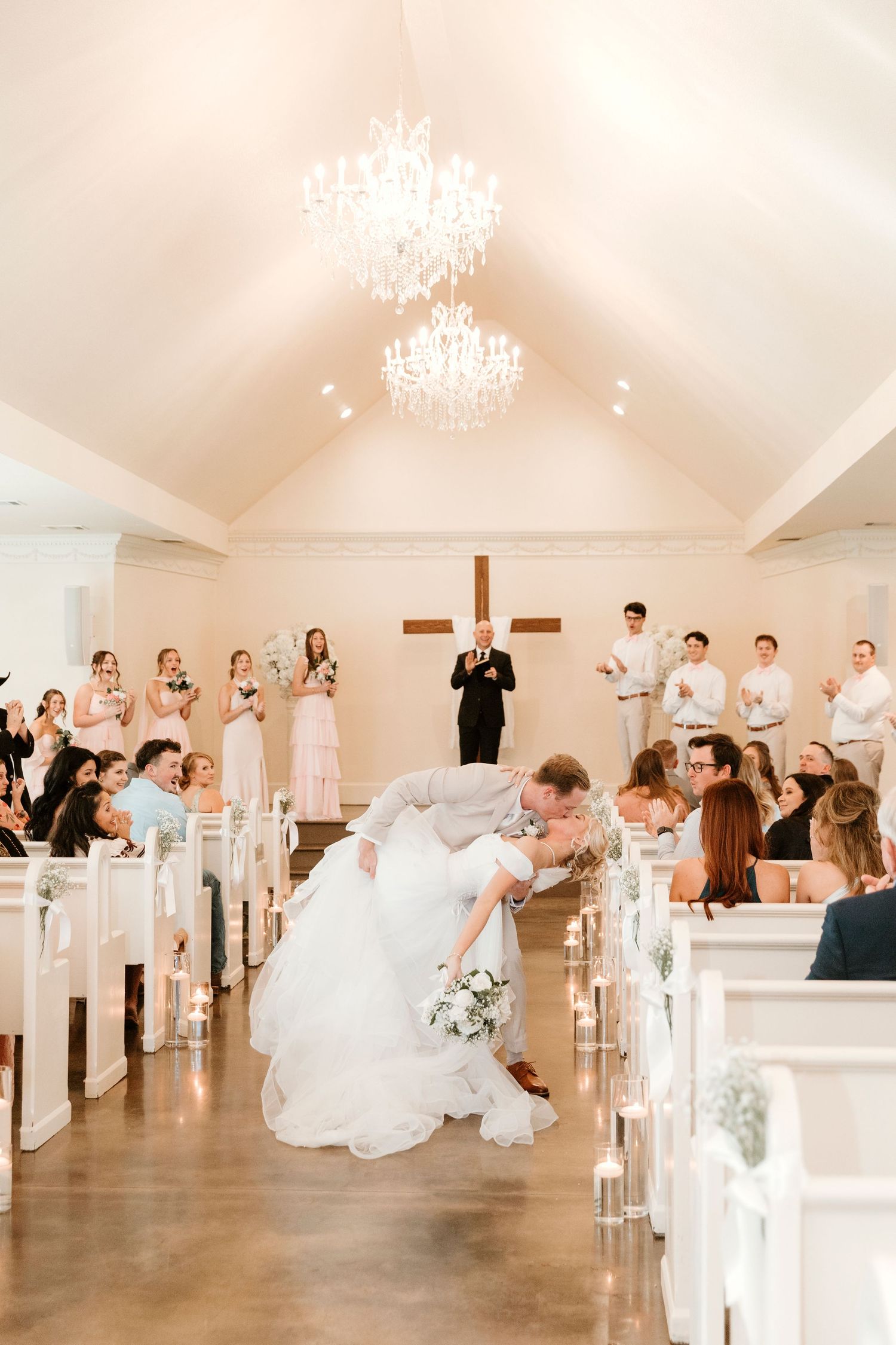 A sequence of photos showing a wedding ceremony in a white chapel with guests seated in rows and a bride walking down the aisle.