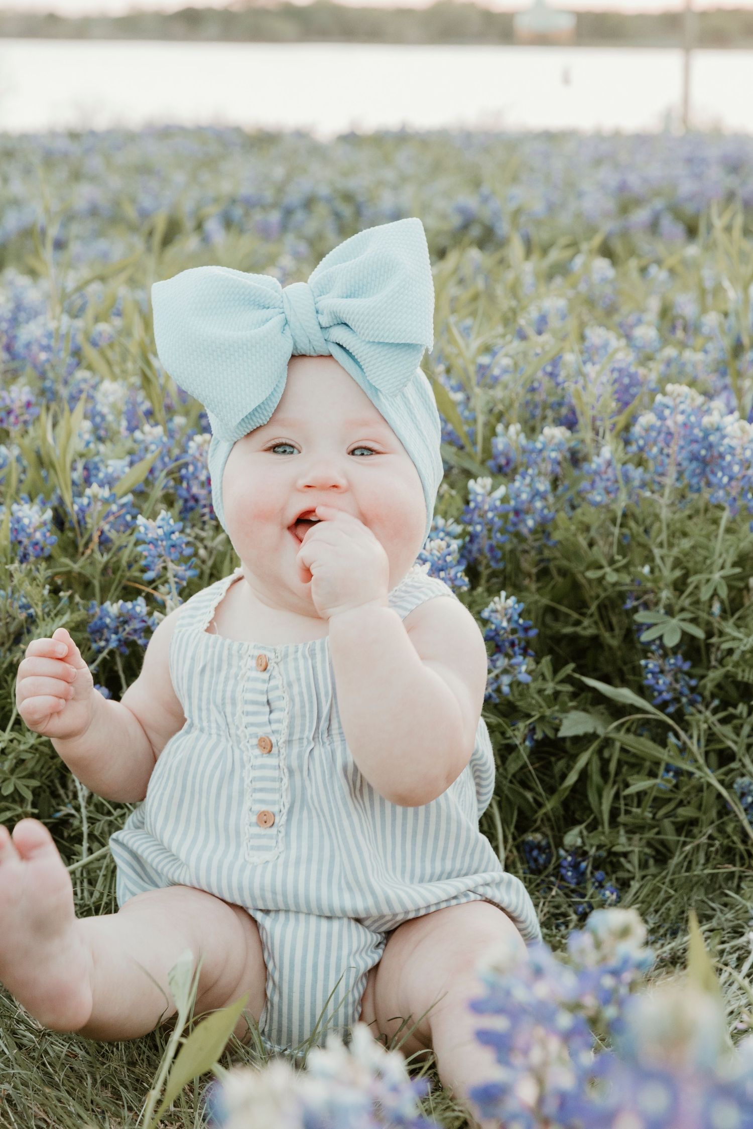 Baby wearing blue bow and striped romper sits among blooming bluebonnet flowers.
