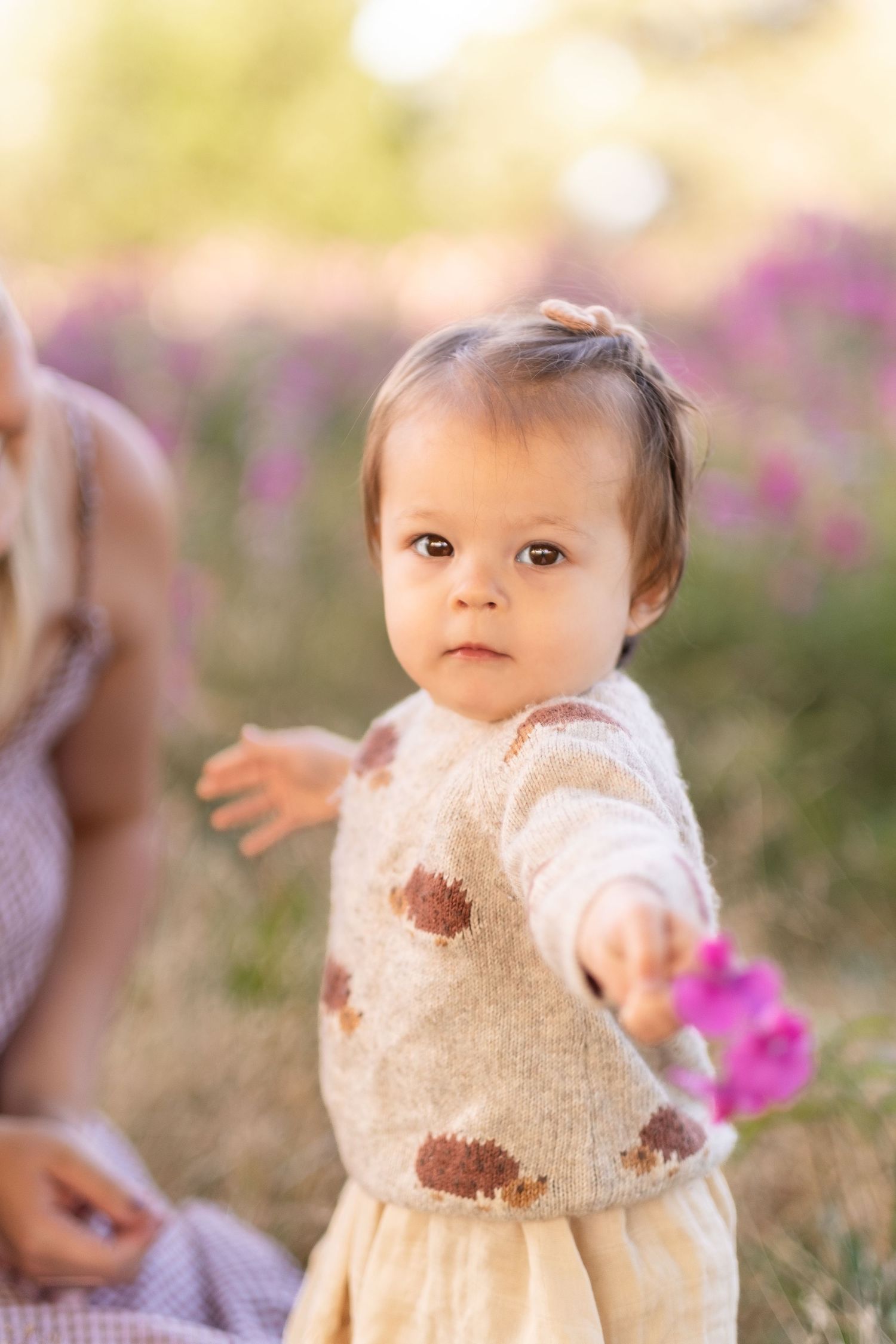 Small child wearing a beige heart-patterned sweater holding a pink flower in a garden setting with blurred bokeh background.