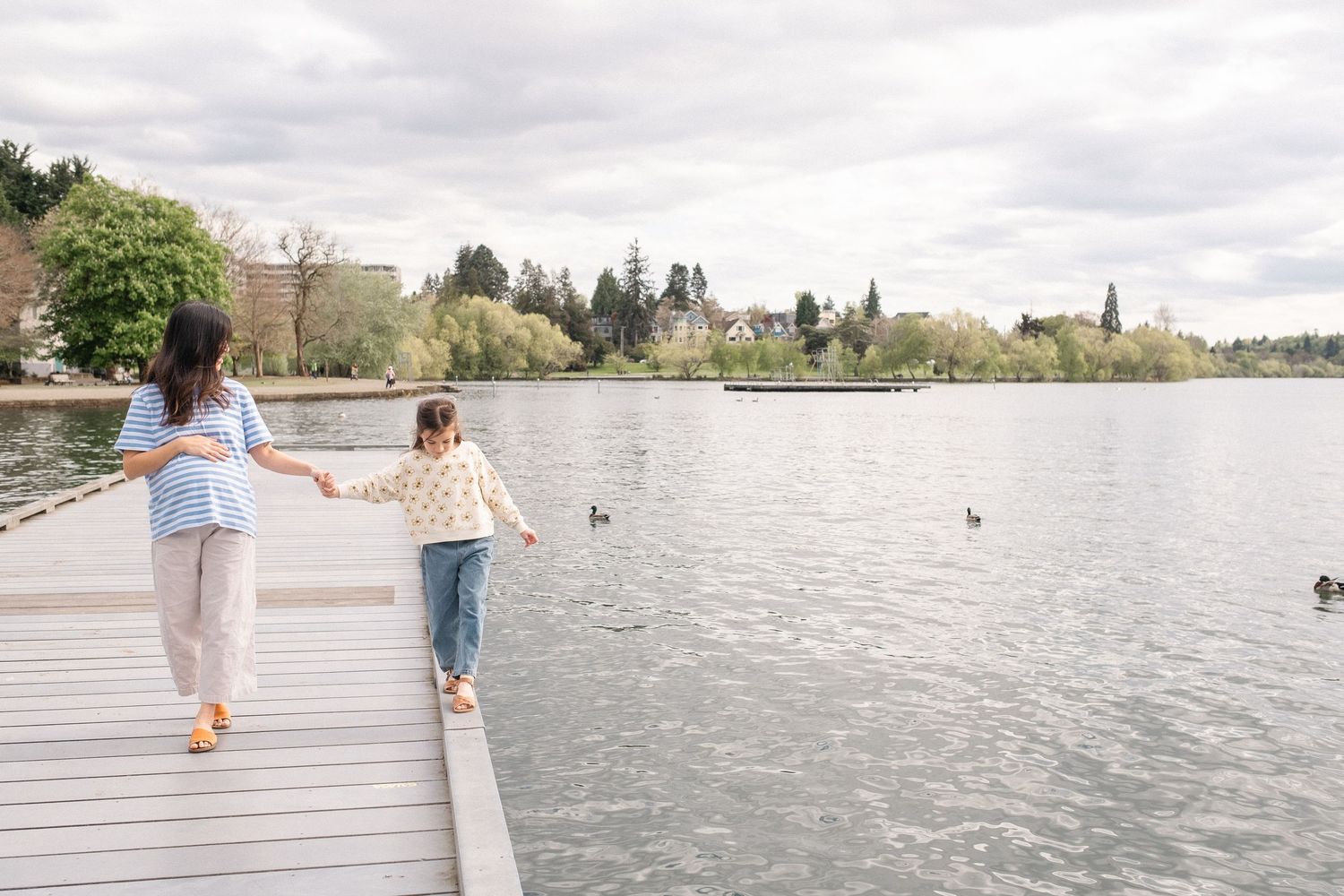 A peaceful waterfront scene with a wooden dock stretching into a calm lake under cloudy skies.