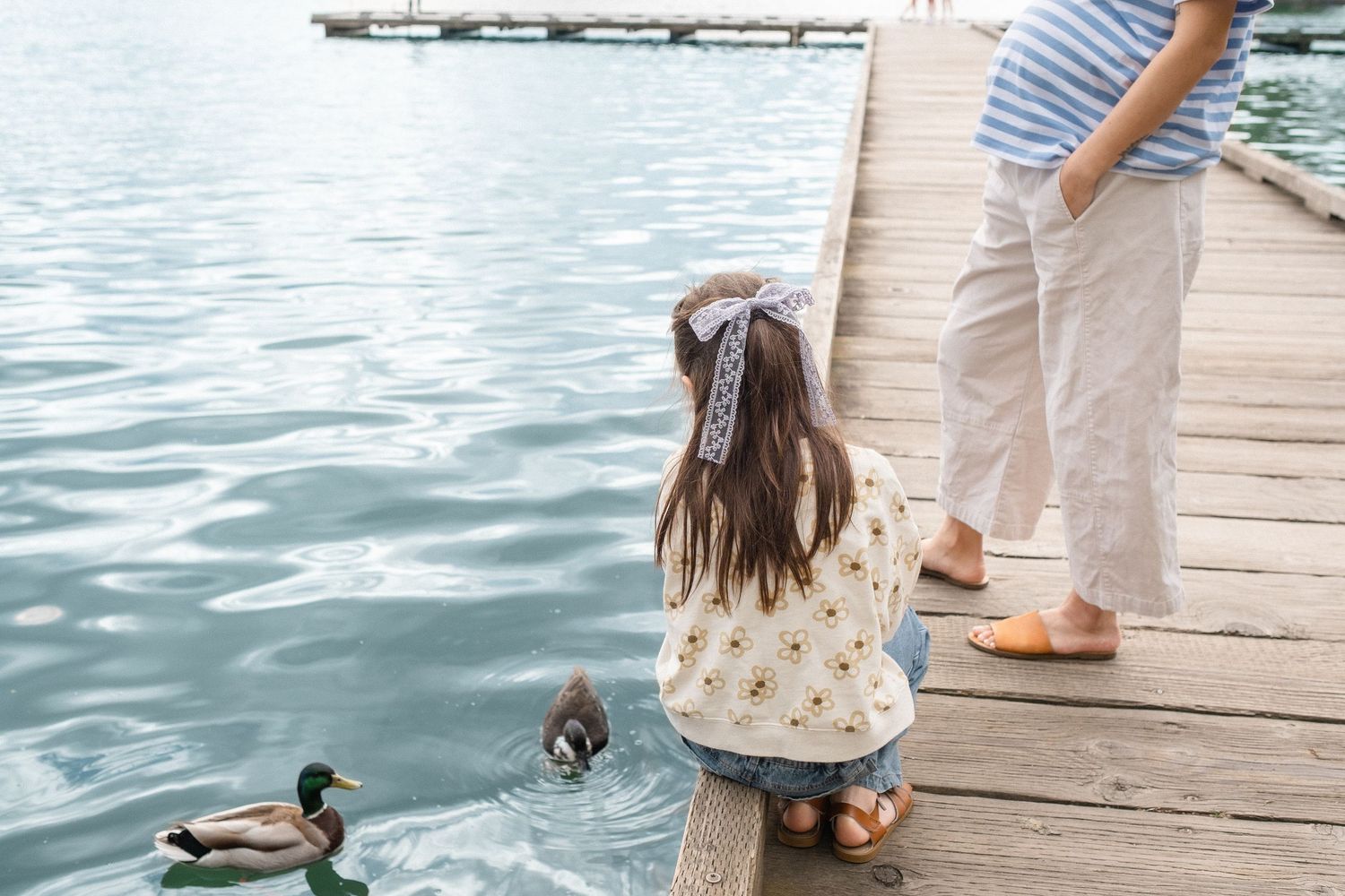 A wooden dock stretches over calm waters with someone standing at the edge enjoying the peaceful lake view.