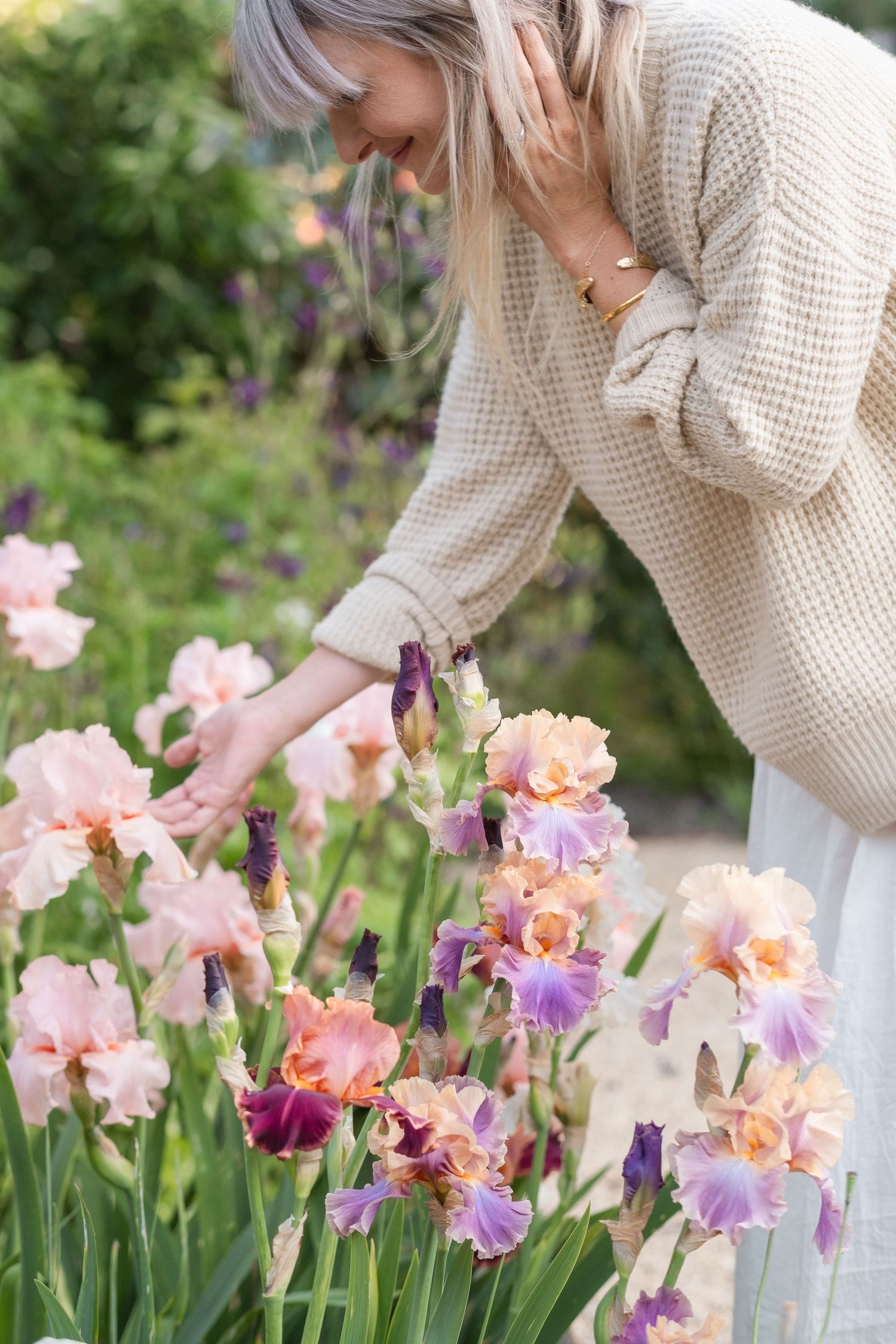 Woman in beige sweater admiring colorful pink and purple iris flowers in garden.