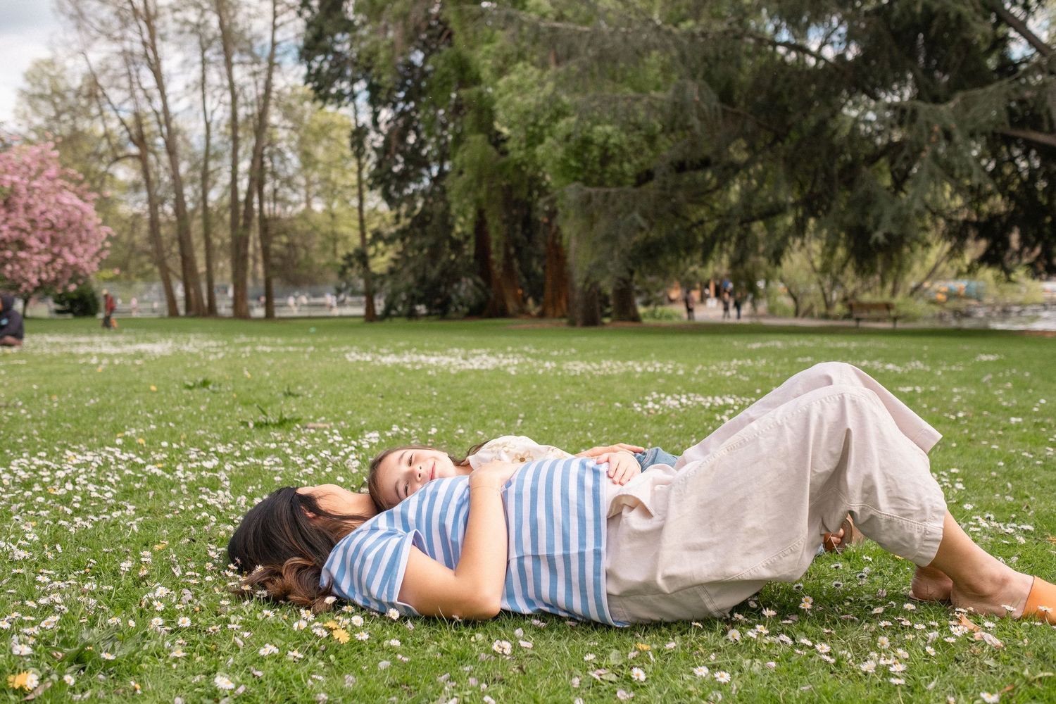Someone resting on grass surrounded by small white flowers in a peaceful park setting.