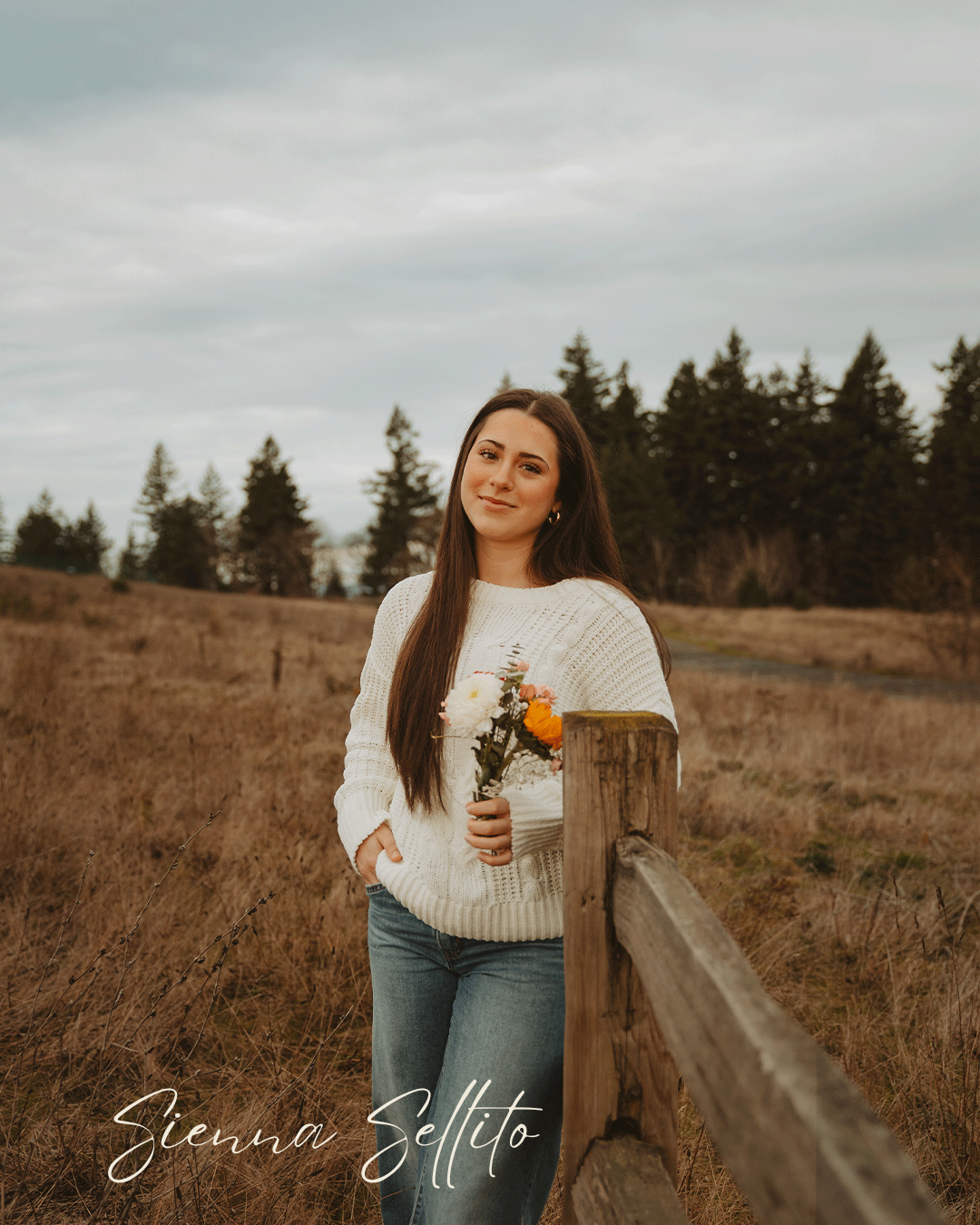 Figure wearing a cream sweater stands against a moody landscape backdrop with pine trees.