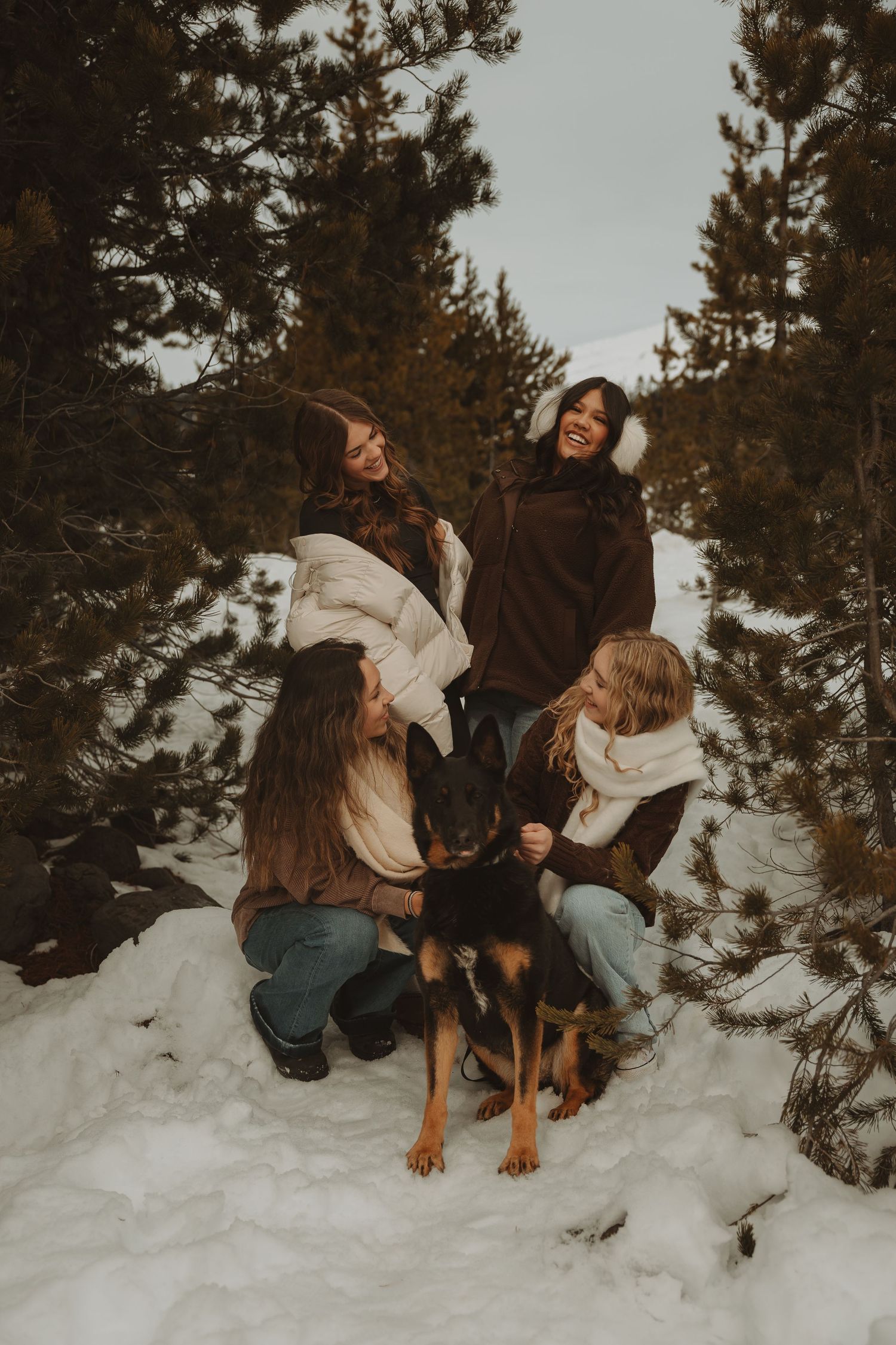 Four young women gather around a black dog among snow-covered pine trees in winter forest.