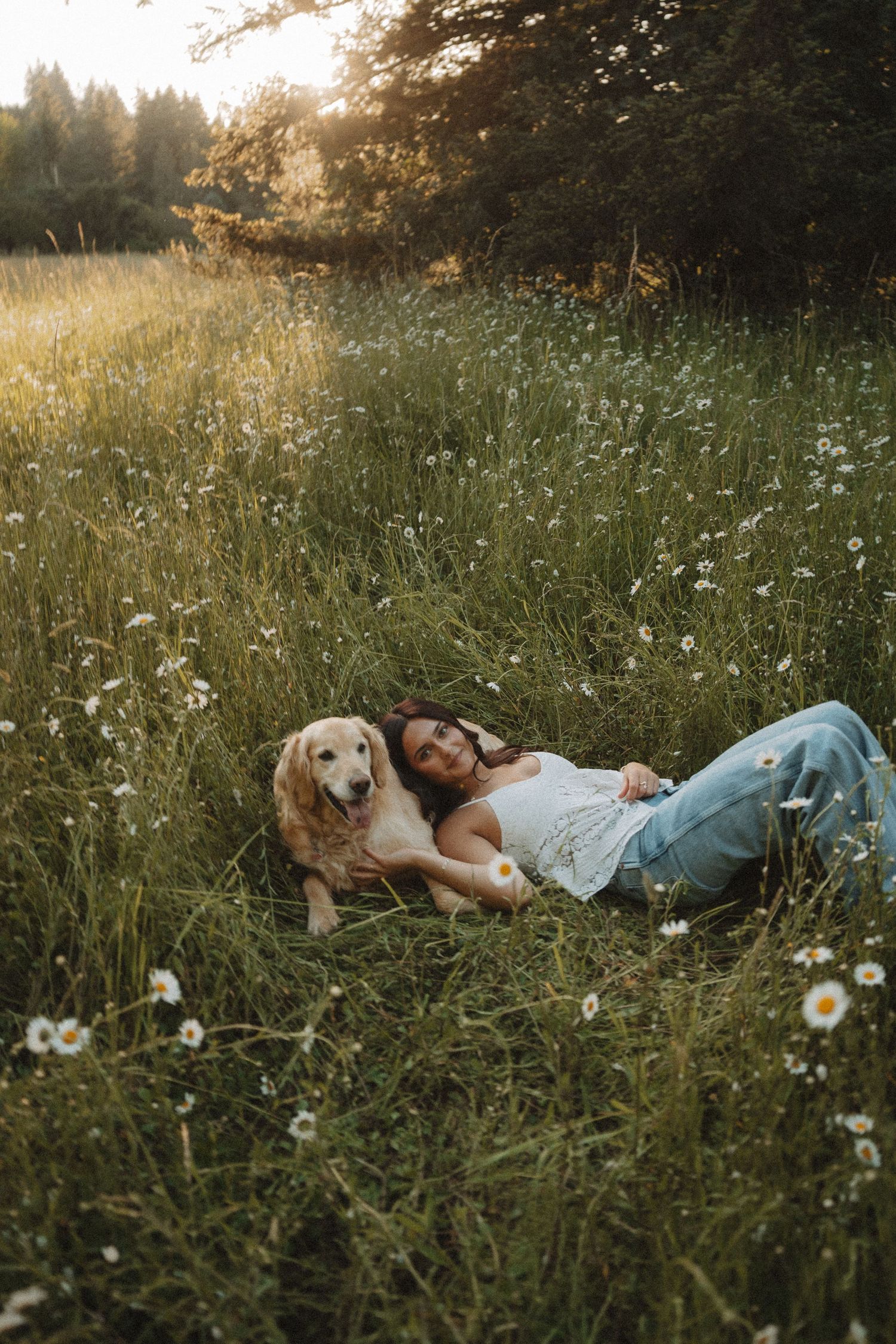 Woman lying in a wildflower meadow with a golden retriever dog at sunset, surrounded by daisies and tall grass.