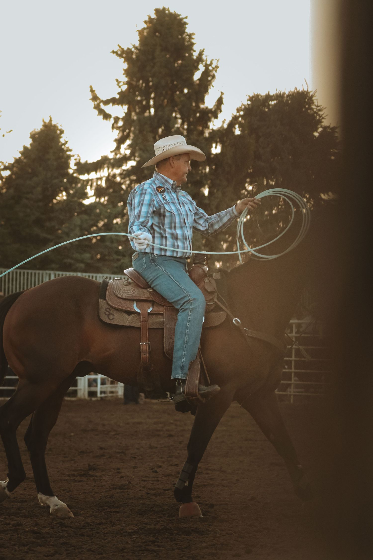 Cowboy demonstrating roping skills while riding horseback at sunset in a rodeo arena.