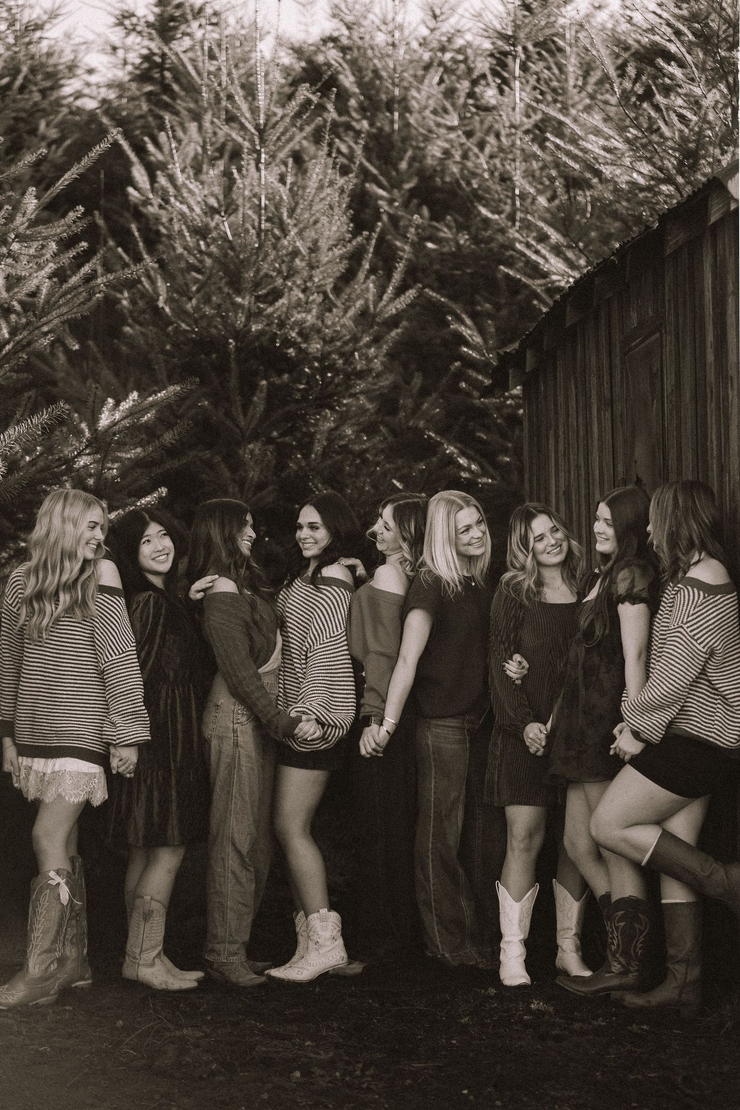 A black and white photo sequence showing people lined up against a wall in various casual poses.