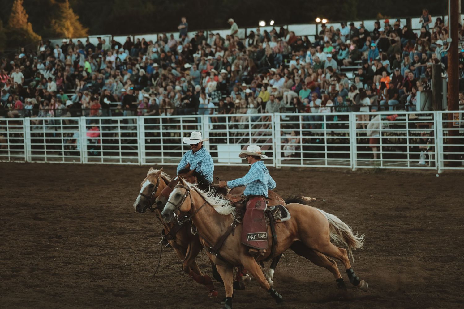 Action shot of multiple riders racing horses across a dirt arena during a rodeo competition.