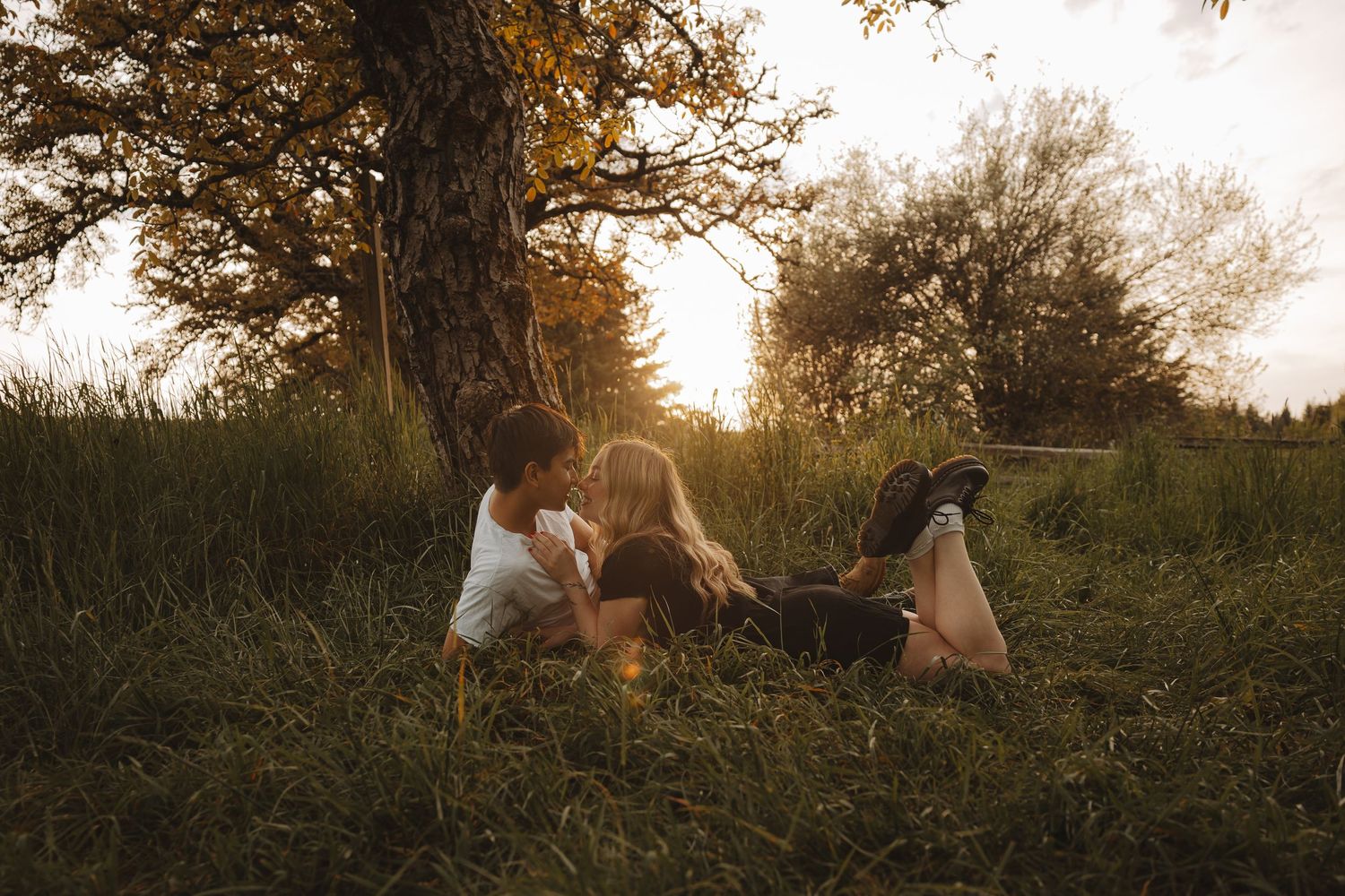 Couple sitting together in lush green grass beneath a sunlit tree at golden hour, sharing a tender romantic moment outdoors.