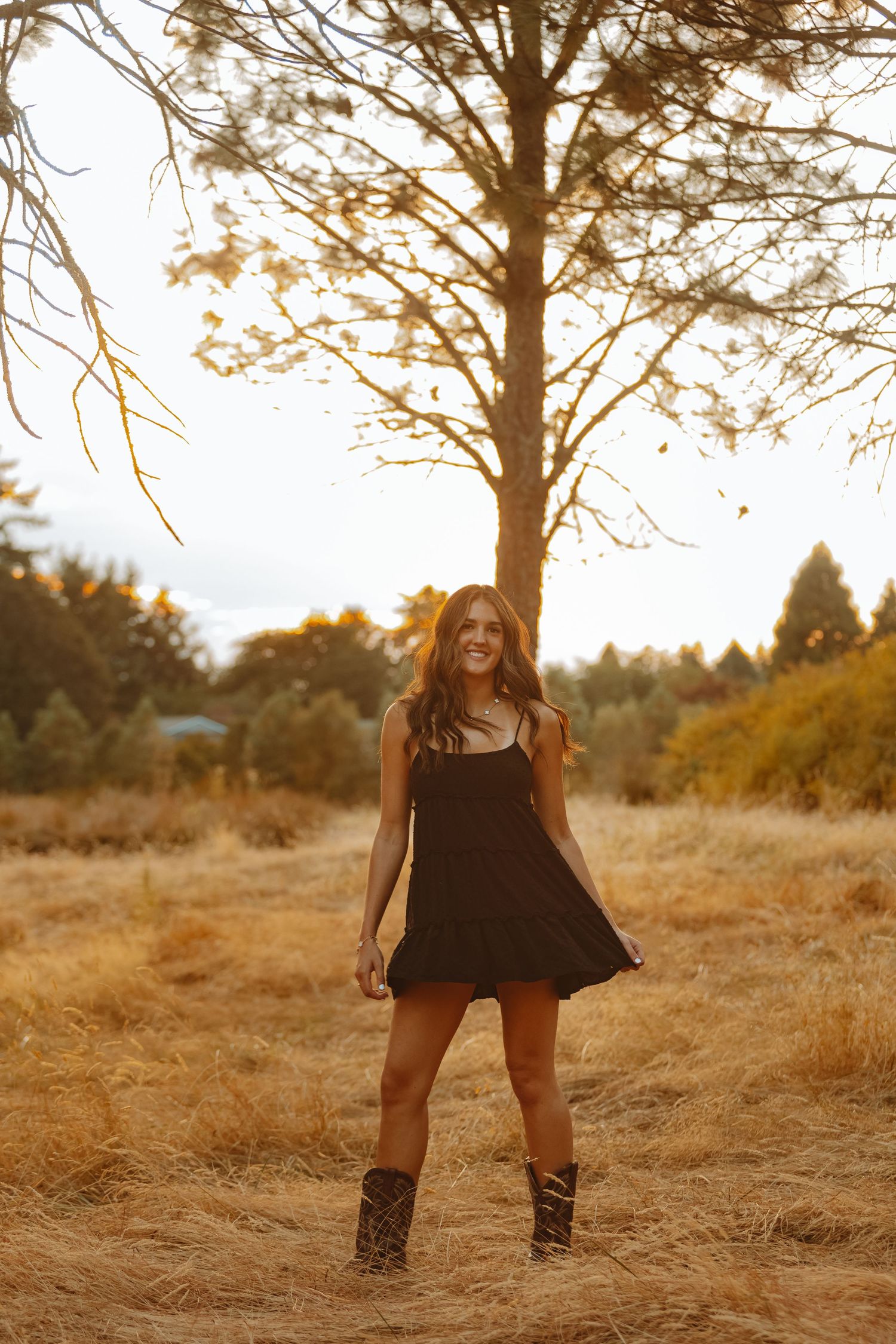 A person in a black dress stands in a golden field at sunset with bare trees in the background.
