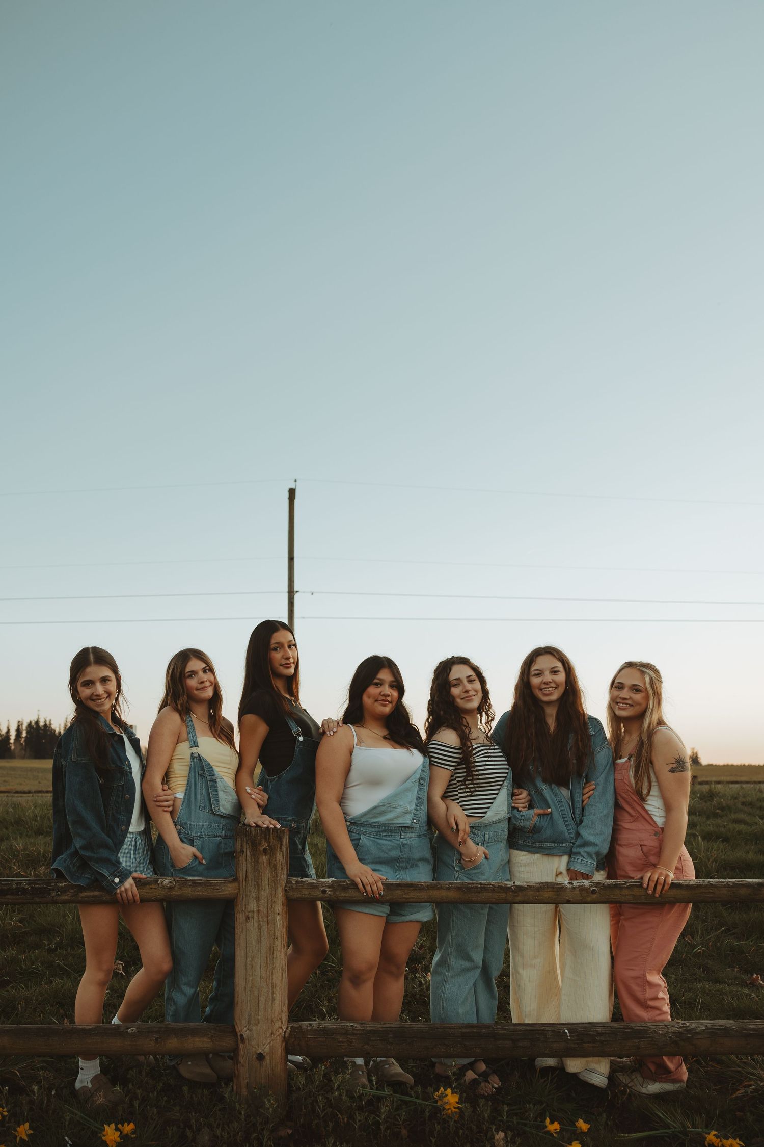 Group of seven young women posing together leaning on a wooden fence at dusk in a field.