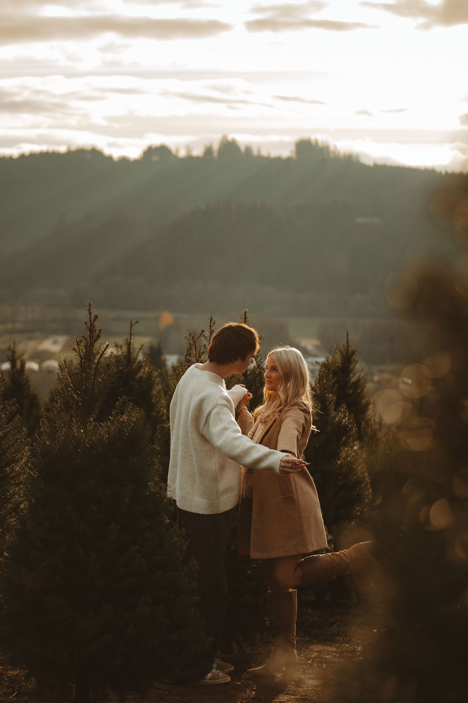 Romantic couple embraces among evergreen trees at sunset on a hilltop with golden light filtering through.