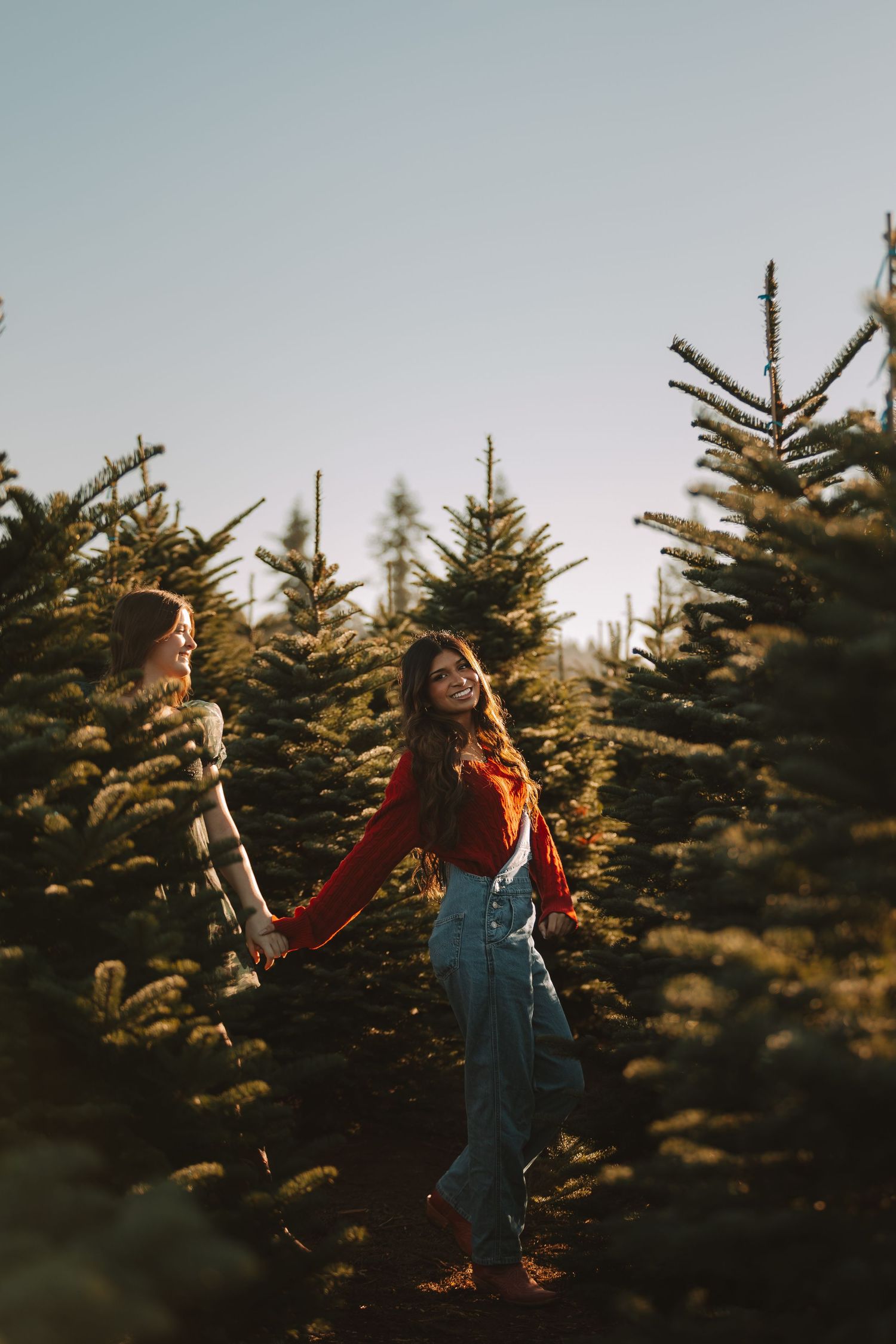 Dancing and twirling between rows of Christmas trees at golden hour.