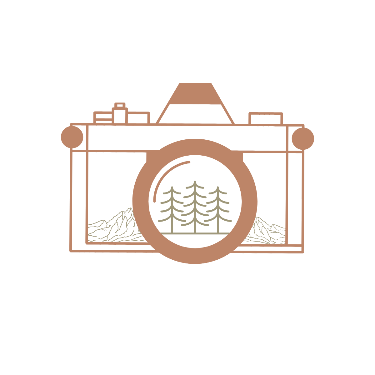 Minimalist landscape illustration showing mountains and trees in a panoramic view.