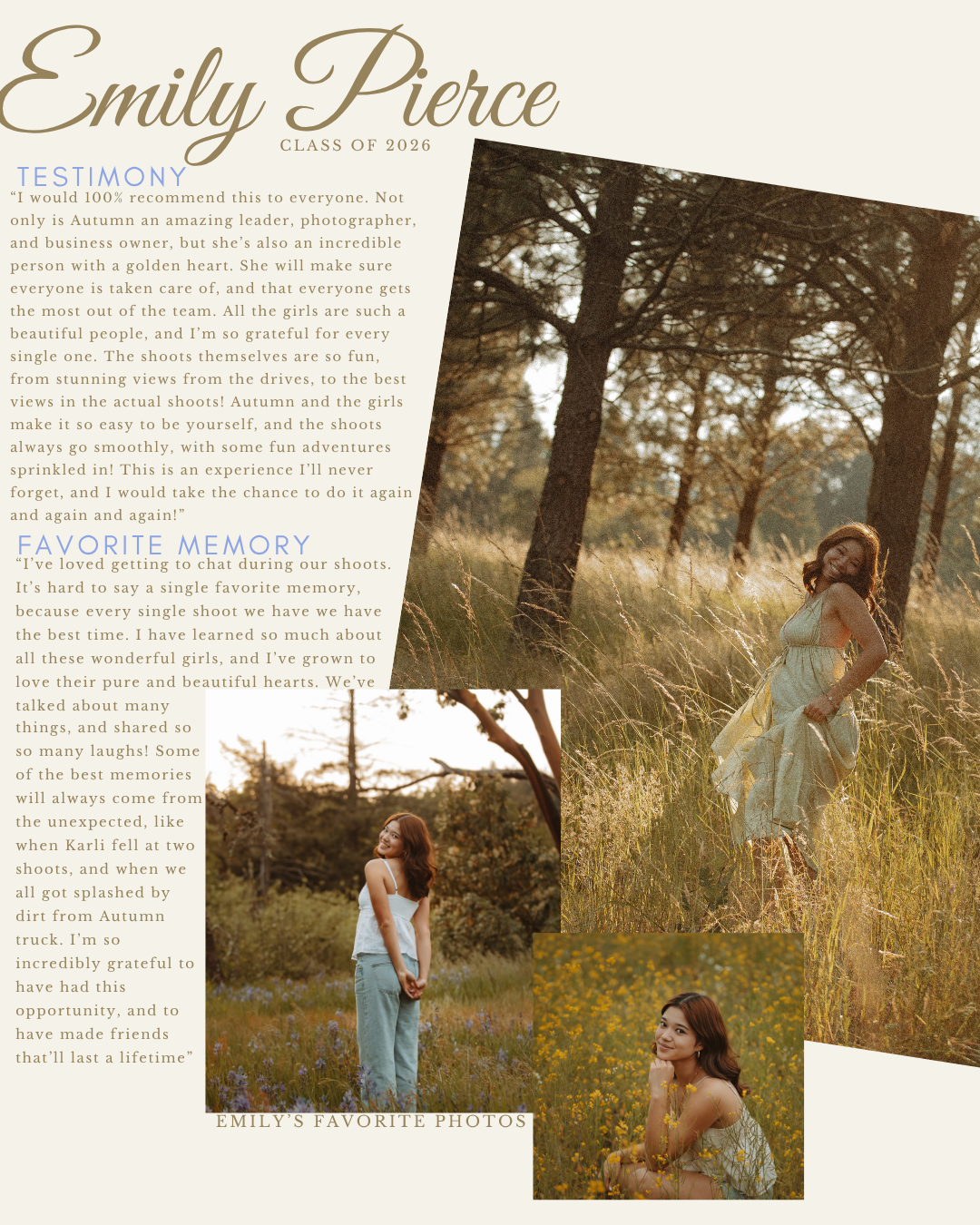Photography portfolio layout combines sunset portraits with client testimonial text.