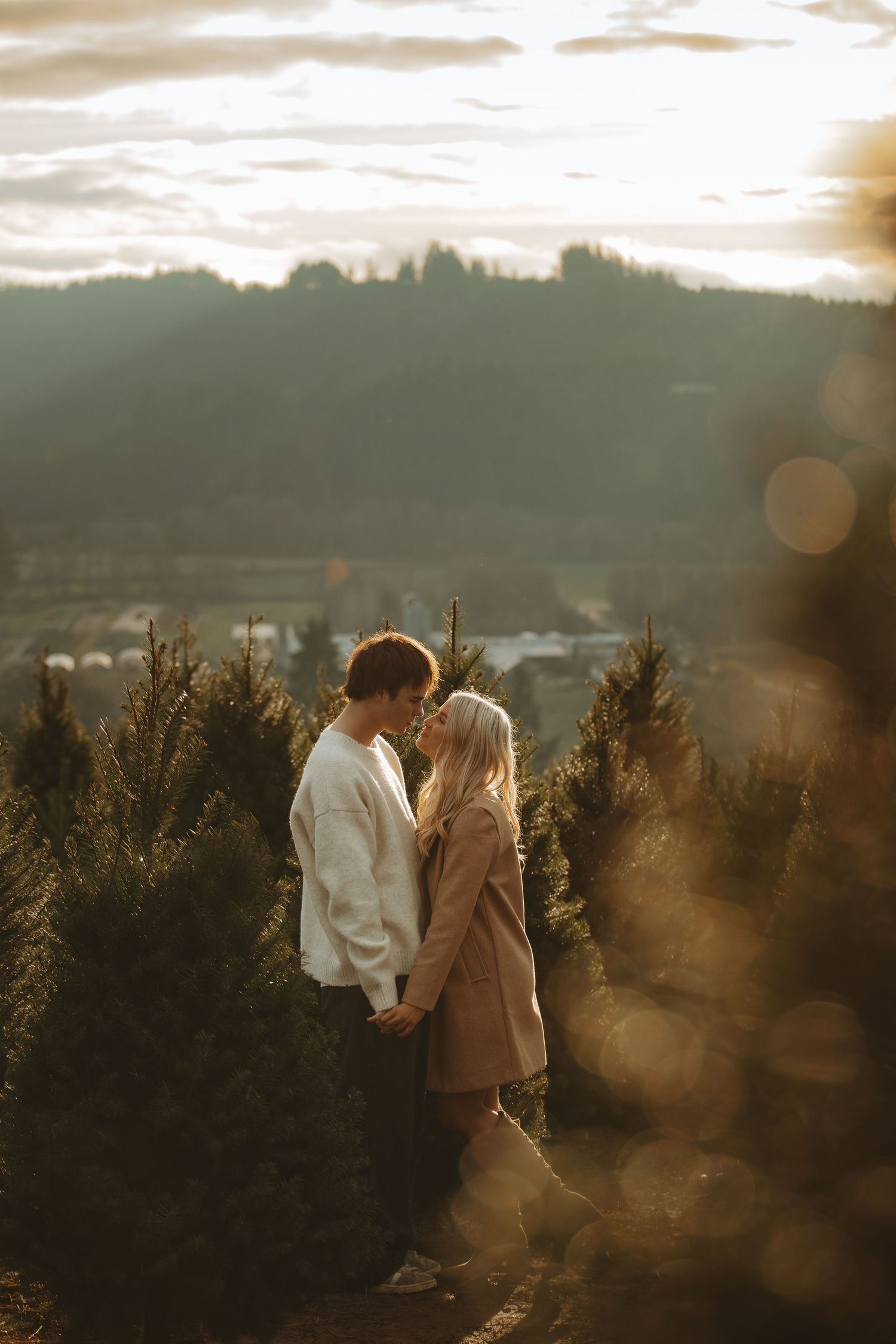 Silhouetted couple standing together at sunset among evergreen trees on a hilltop.