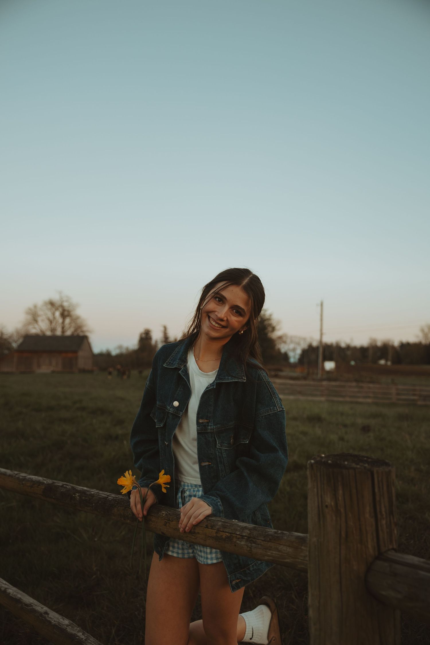 Smiling girl in denim jacket holding yellow flowers leaning on a fence at sunset.