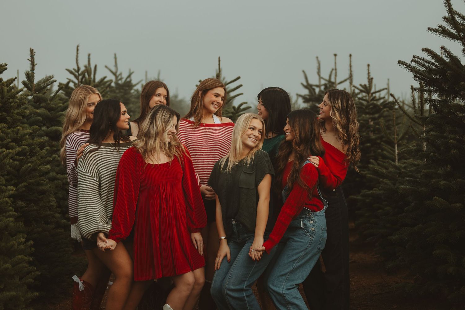 A group in red and blue outfits laughs together during a sunset photoshoot among evergreen trees.