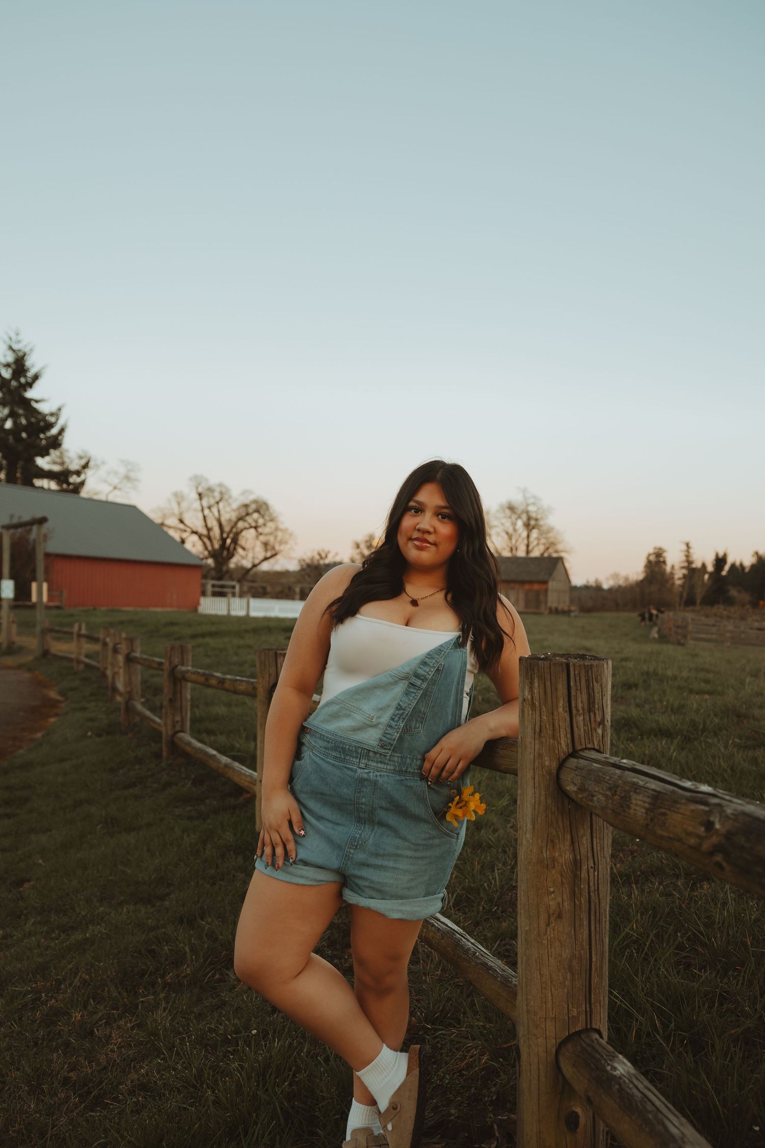 Young woman in denim overalls leaning on rustic wooden fence at golden hour on a farm.