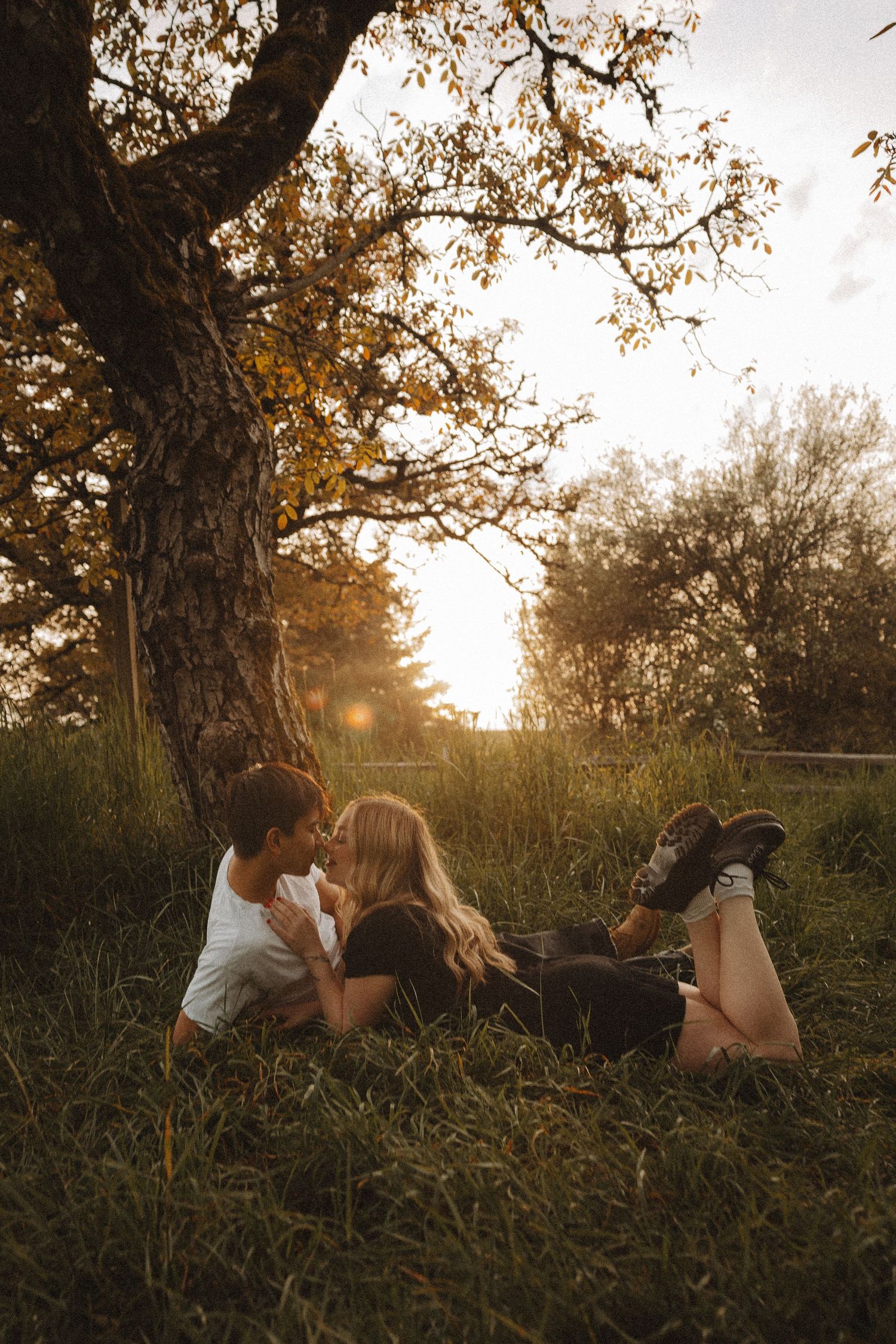 Couple lying on grass under a tree at golden sunset, sharing a romantic moment in a lush green field.