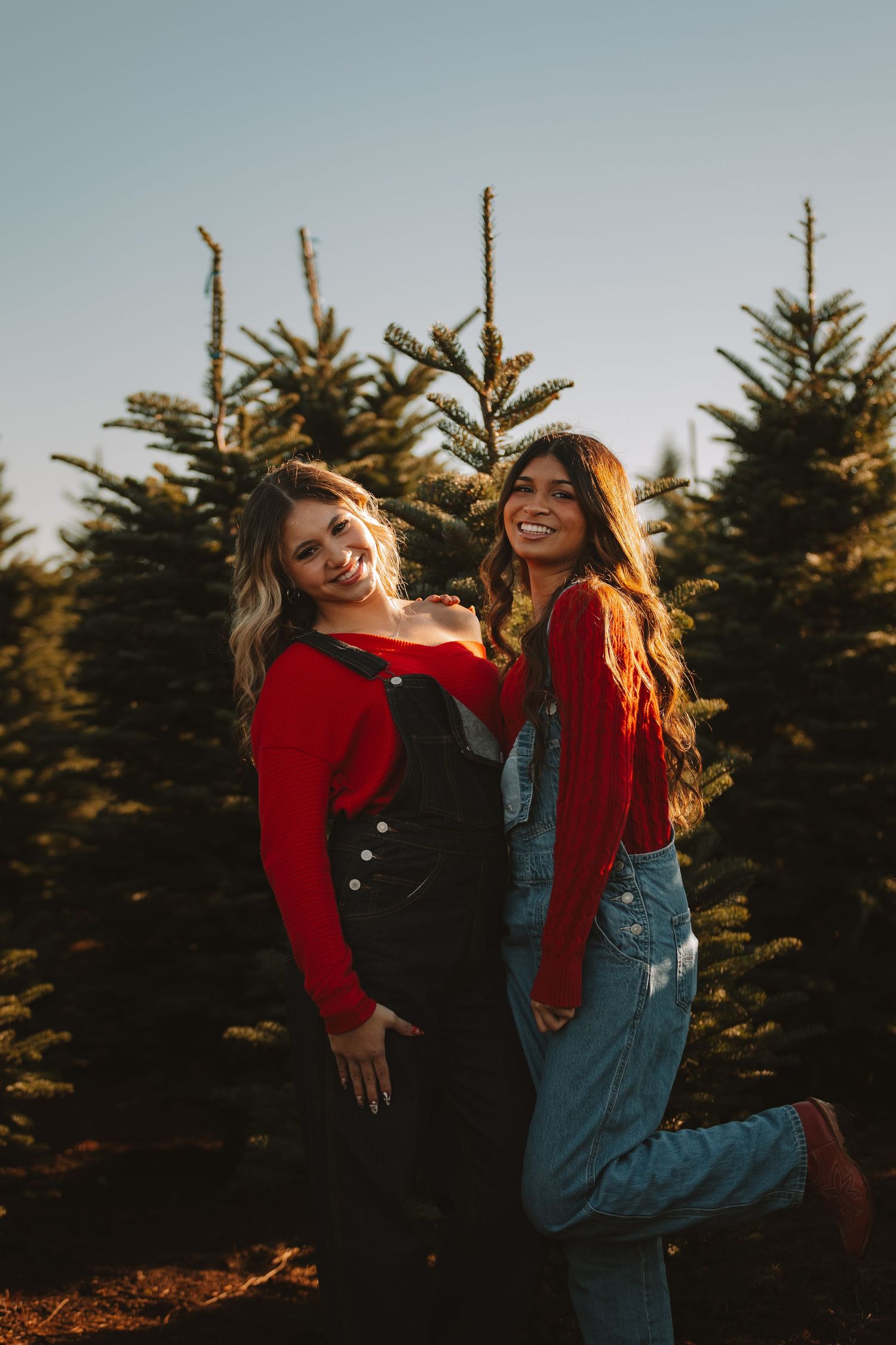 Two friends in casual winter outfits laugh together among evergreen trees.