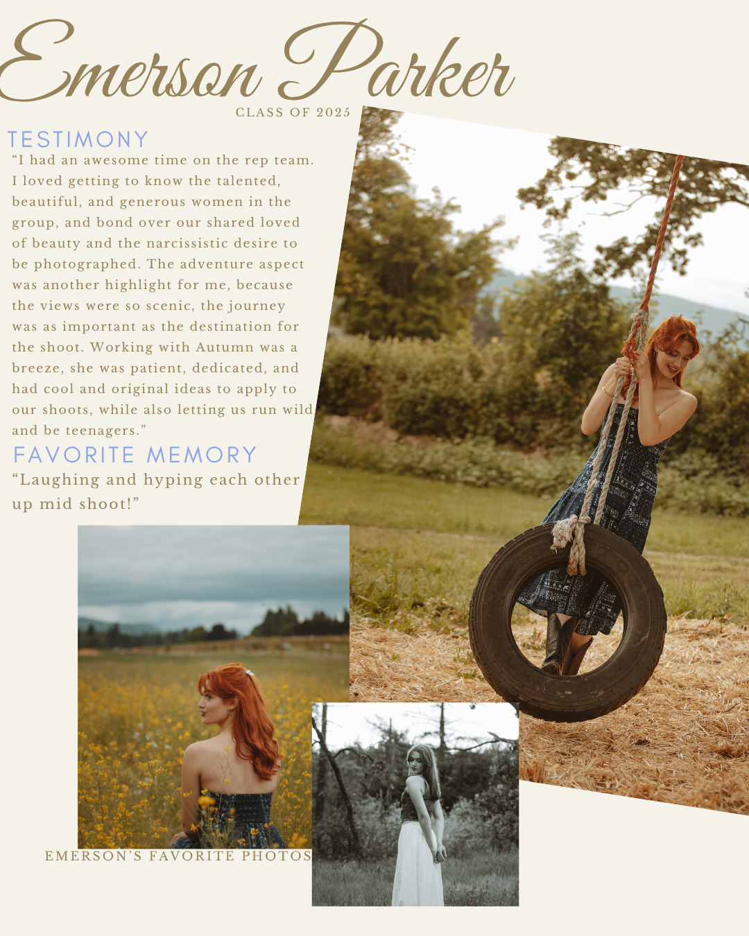 Country-style photo layout featuring a tire swing and outdoor portraits.