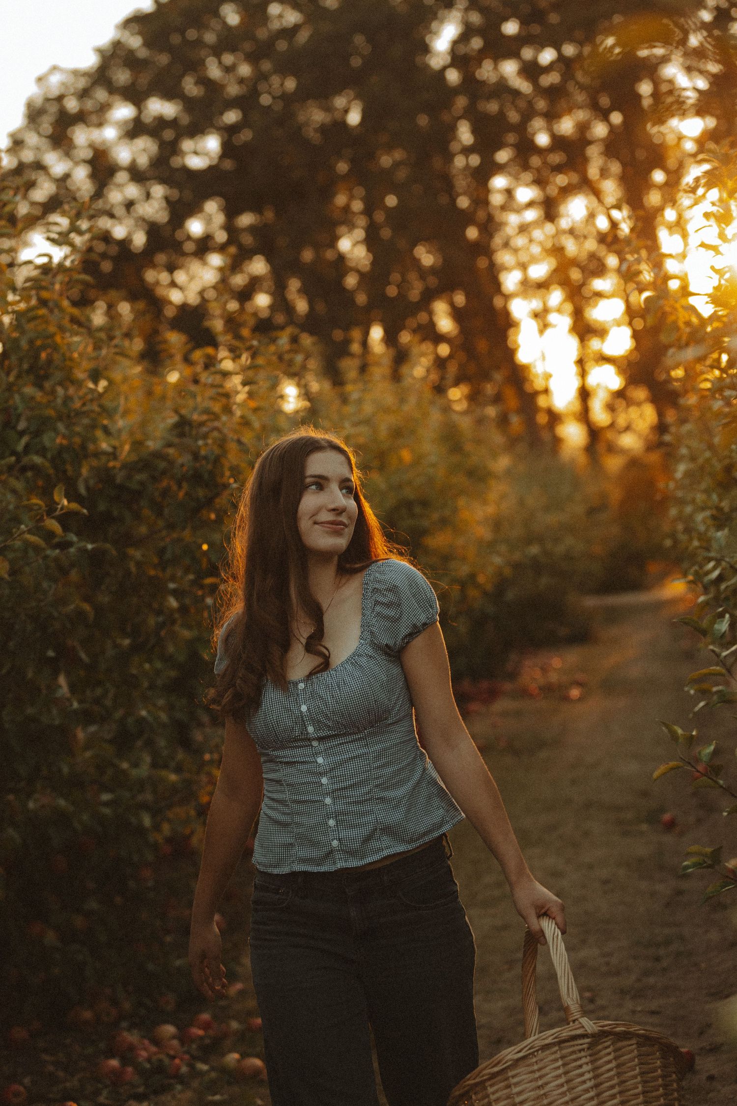 Person in a blue top walks through an orchard at golden hour sunset carrying a woven basket.
