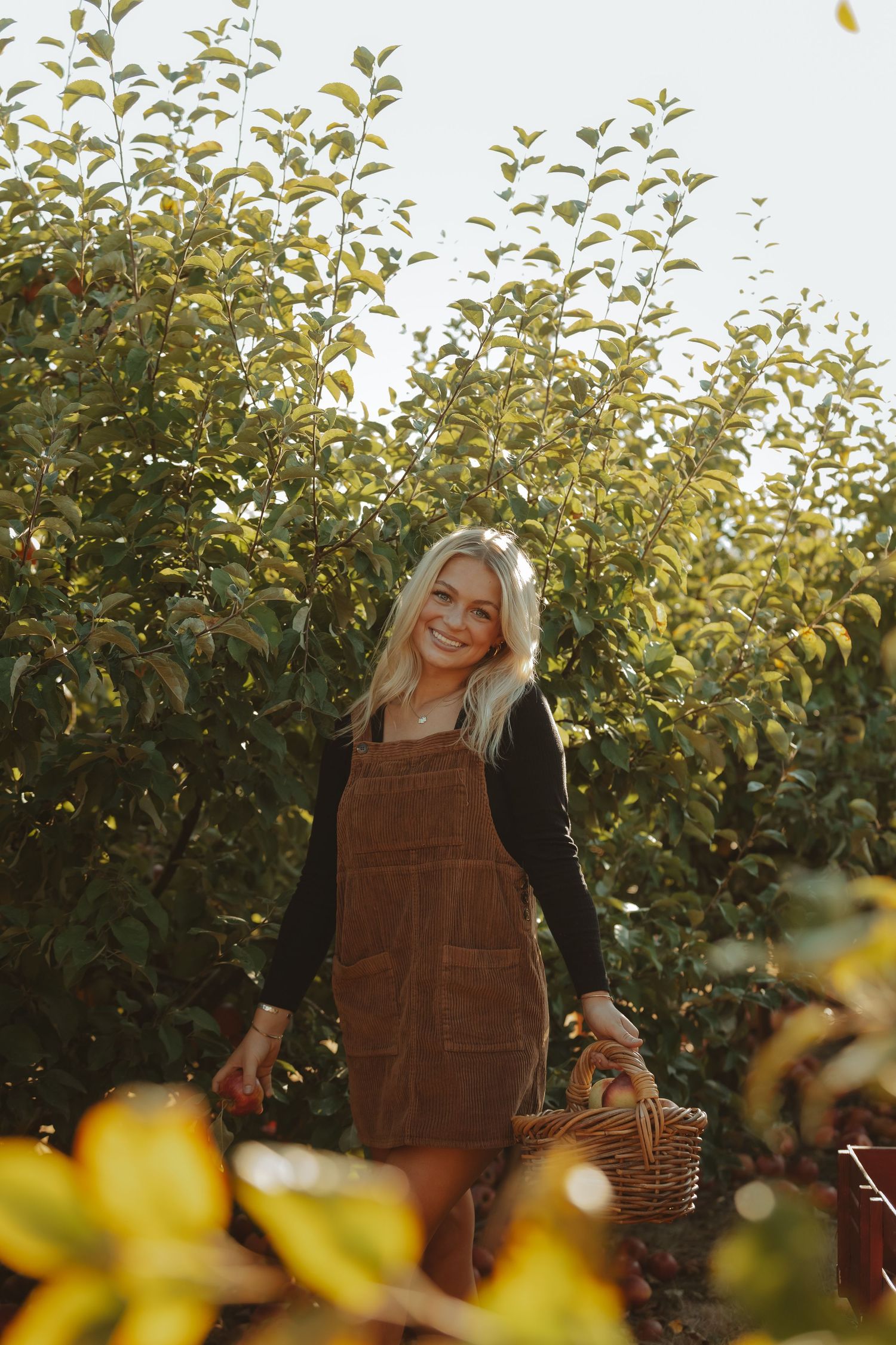 A person in a brown corduroy overall dress and black top smiles while apple picking in an autumn orchard.