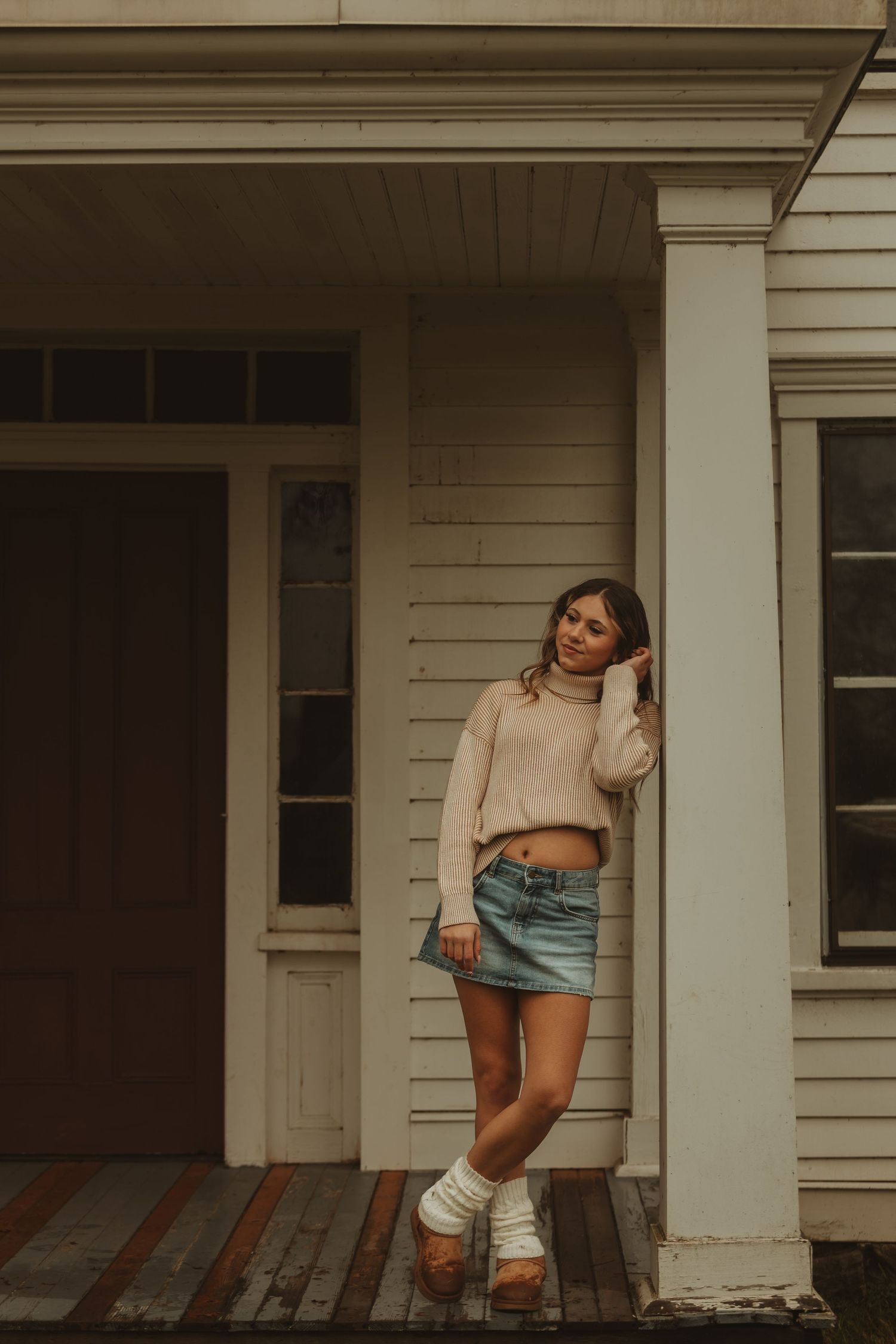Artistic photo series showing different poses of someone sitting on a white porch in casual summer attire.