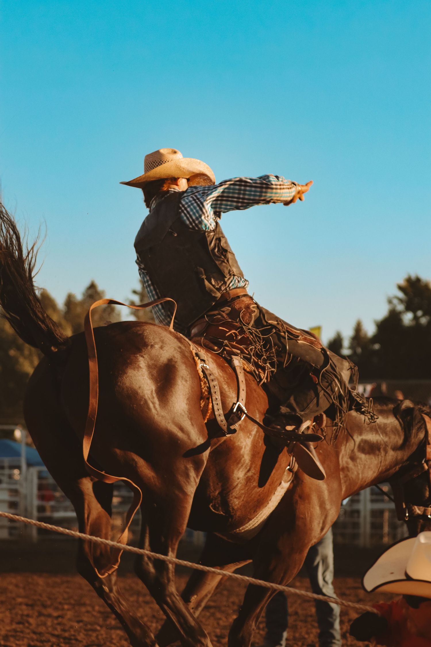 Dramatic sequence of a bronc rider being thrown from a bucking horse at a rodeo competition.