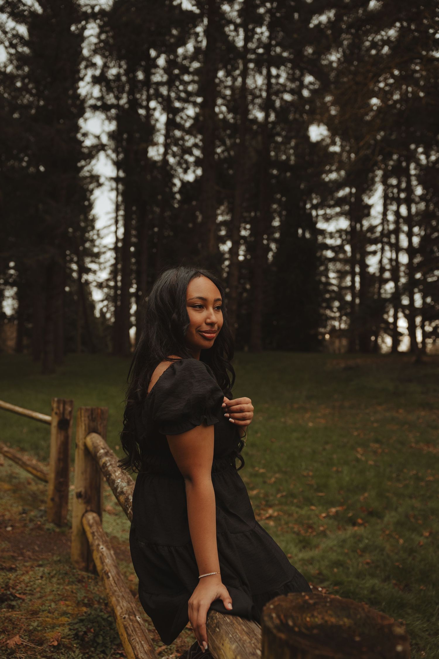 A woman in a black dress leans against a rustic wooden fence in a moody forest setting at dusk.