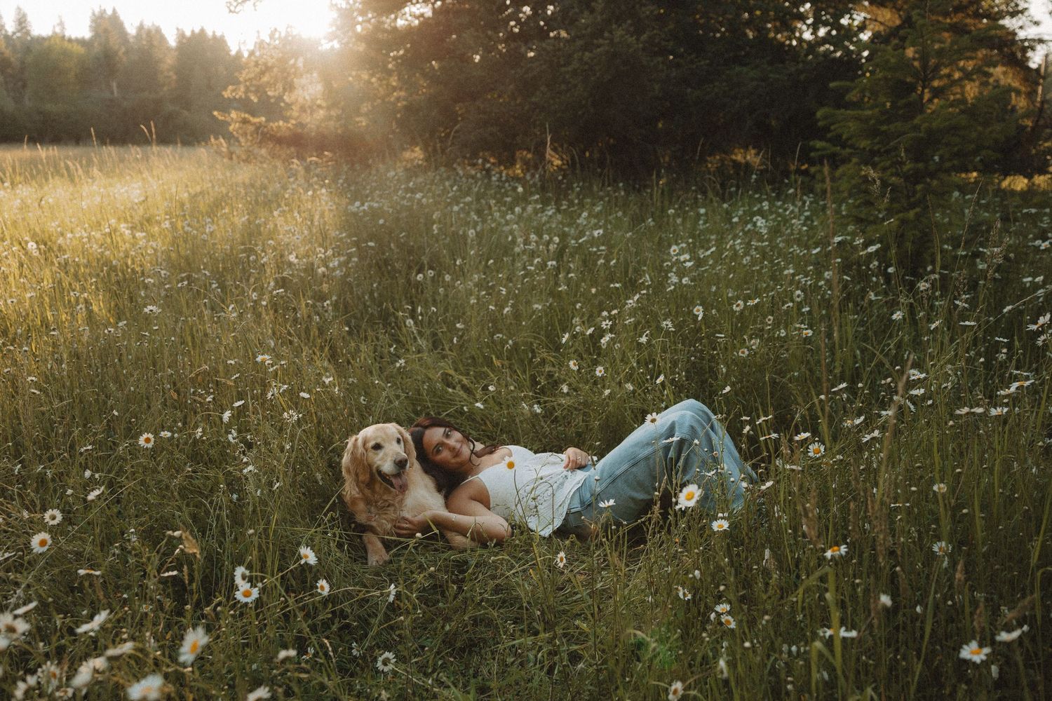 Woman lying in a wildflower meadow with a golden retriever dog at sunset.