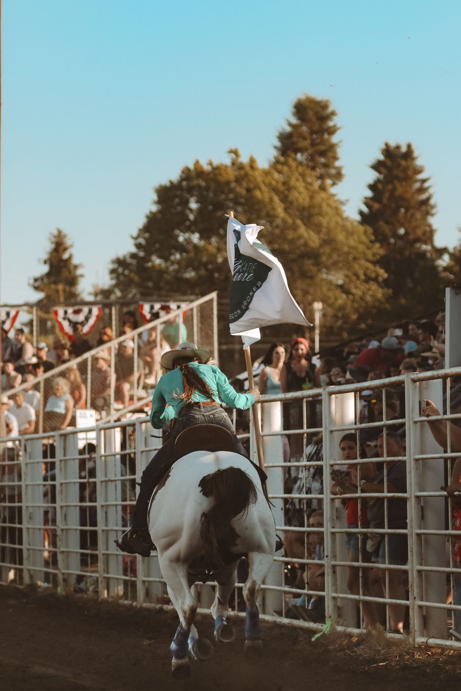 A rodeo performer executes a dramatic trick while riding a white horse in front of a crowd at an outdoor arena.