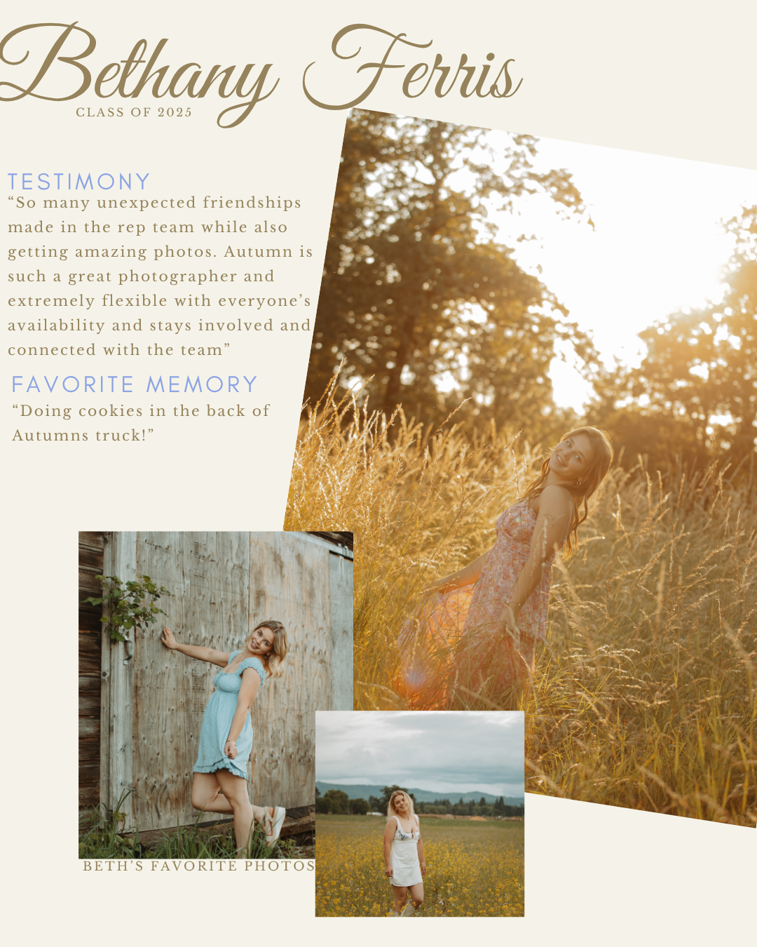 Elegant photo gallery spread with outdoor portraits and client reviews.