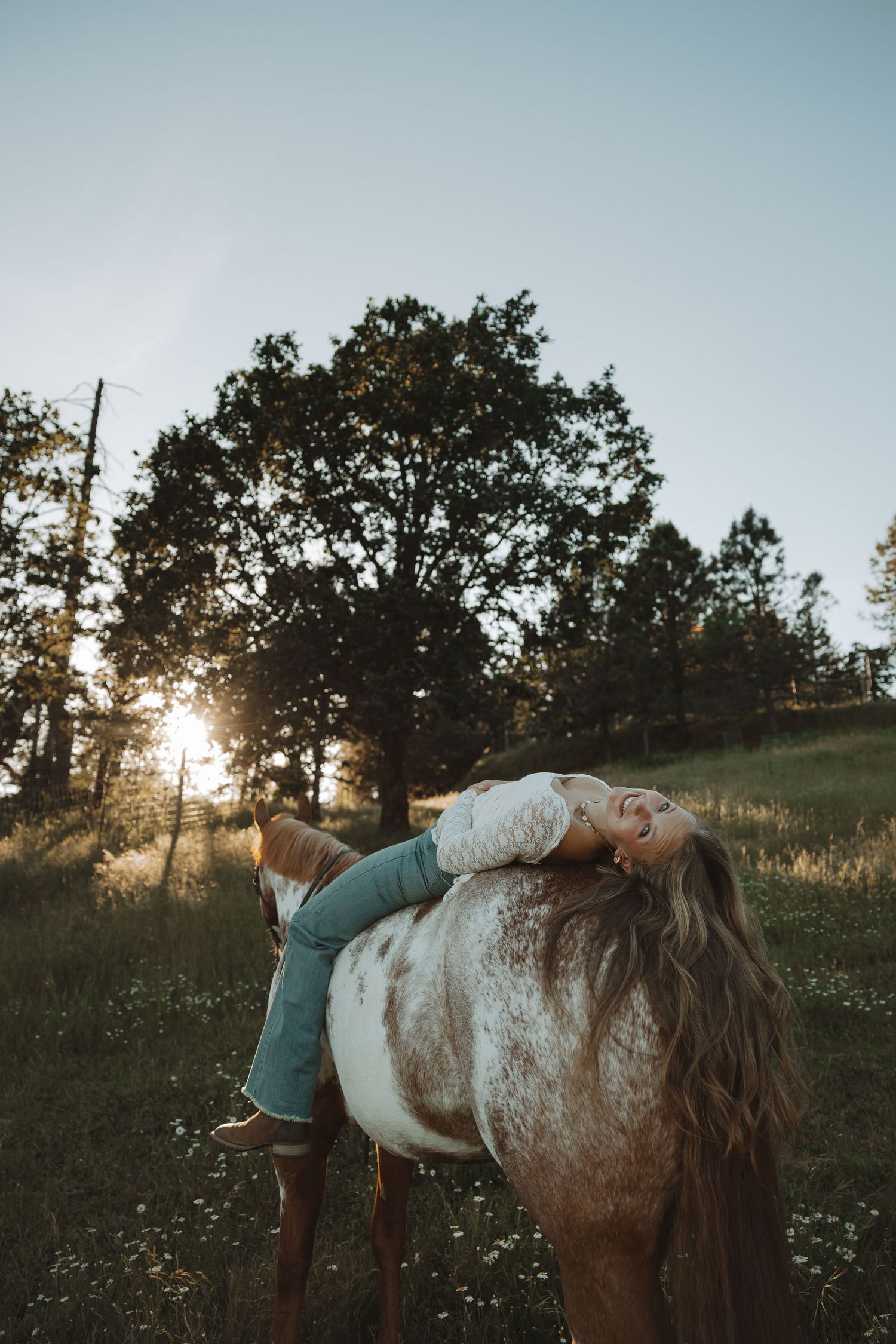 Woman in white top and jeans leans back playfully on a paint horse in a golden sunlit field.