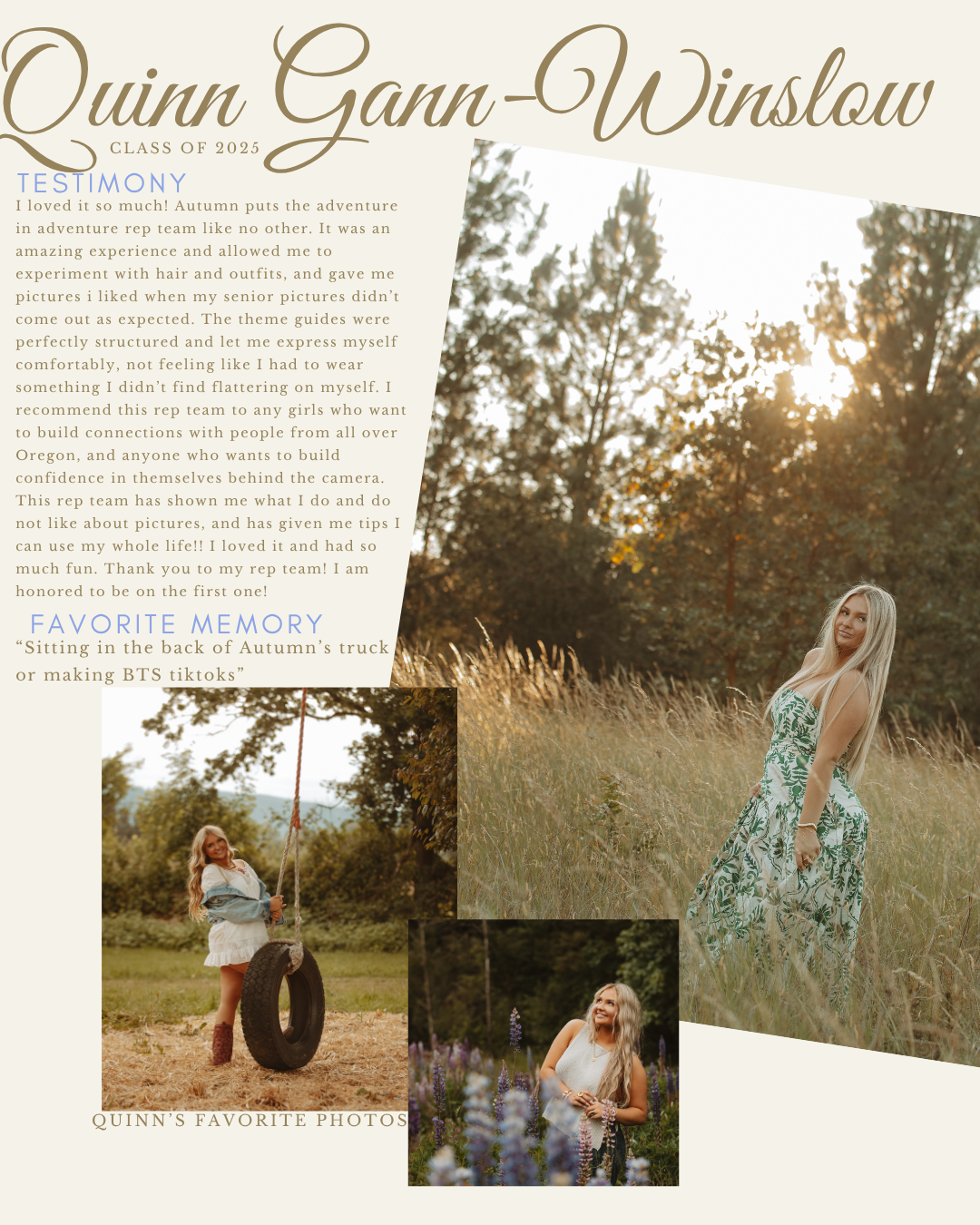 Photography portfolio layout featuring sunset field portraits and client testimonials.