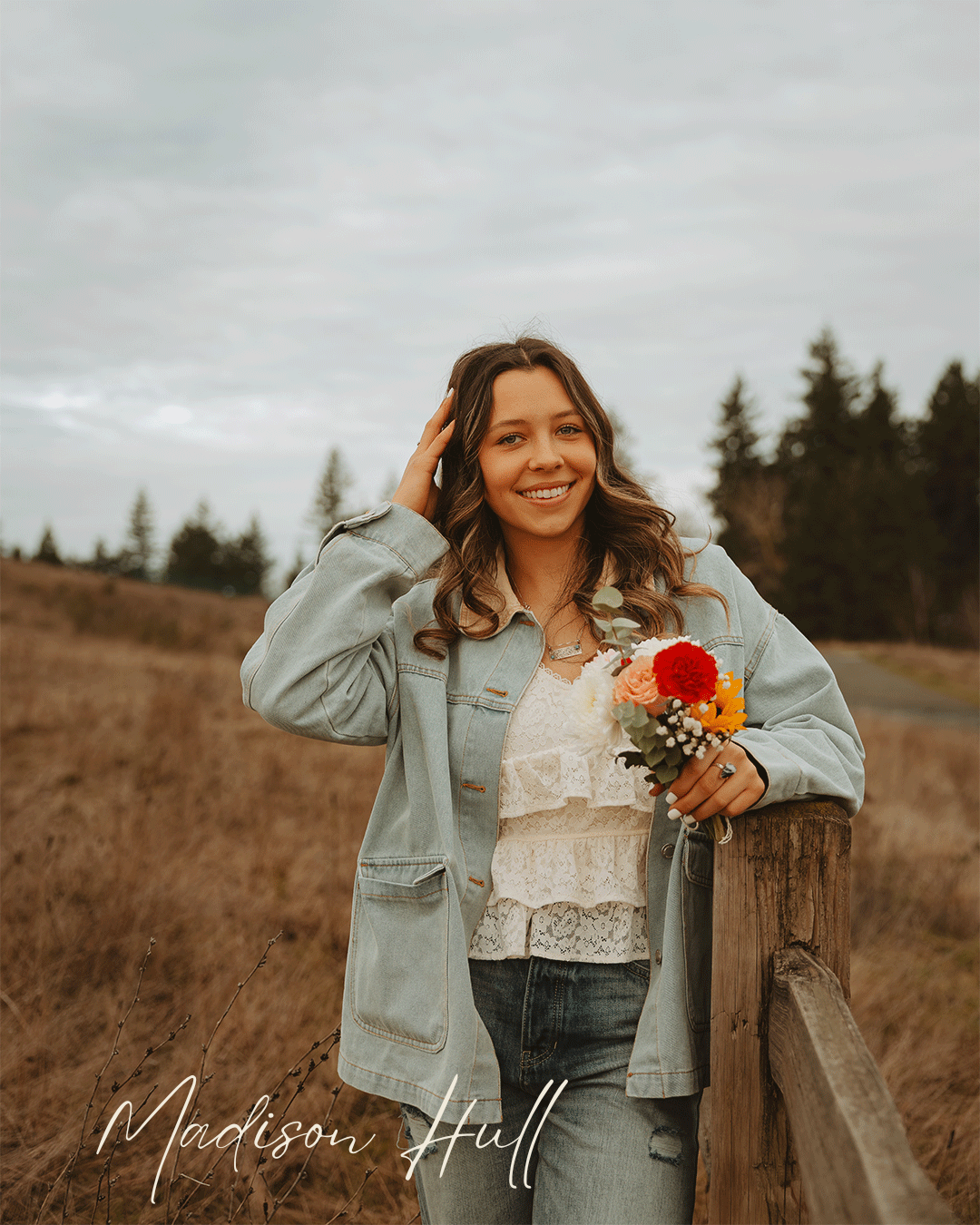 A series of outdoor portraits showing someone in a denim jacket and white lace top posing in a rustic field setting.