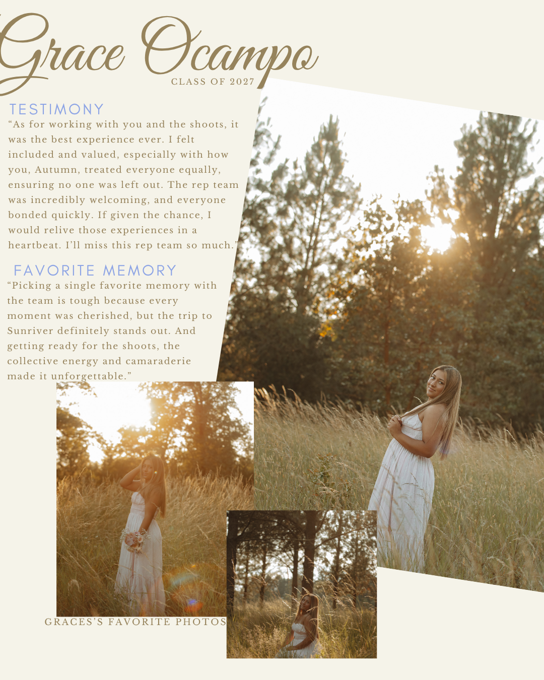 A testimonial layout features sunset portraits and text overlays in warm tones.
