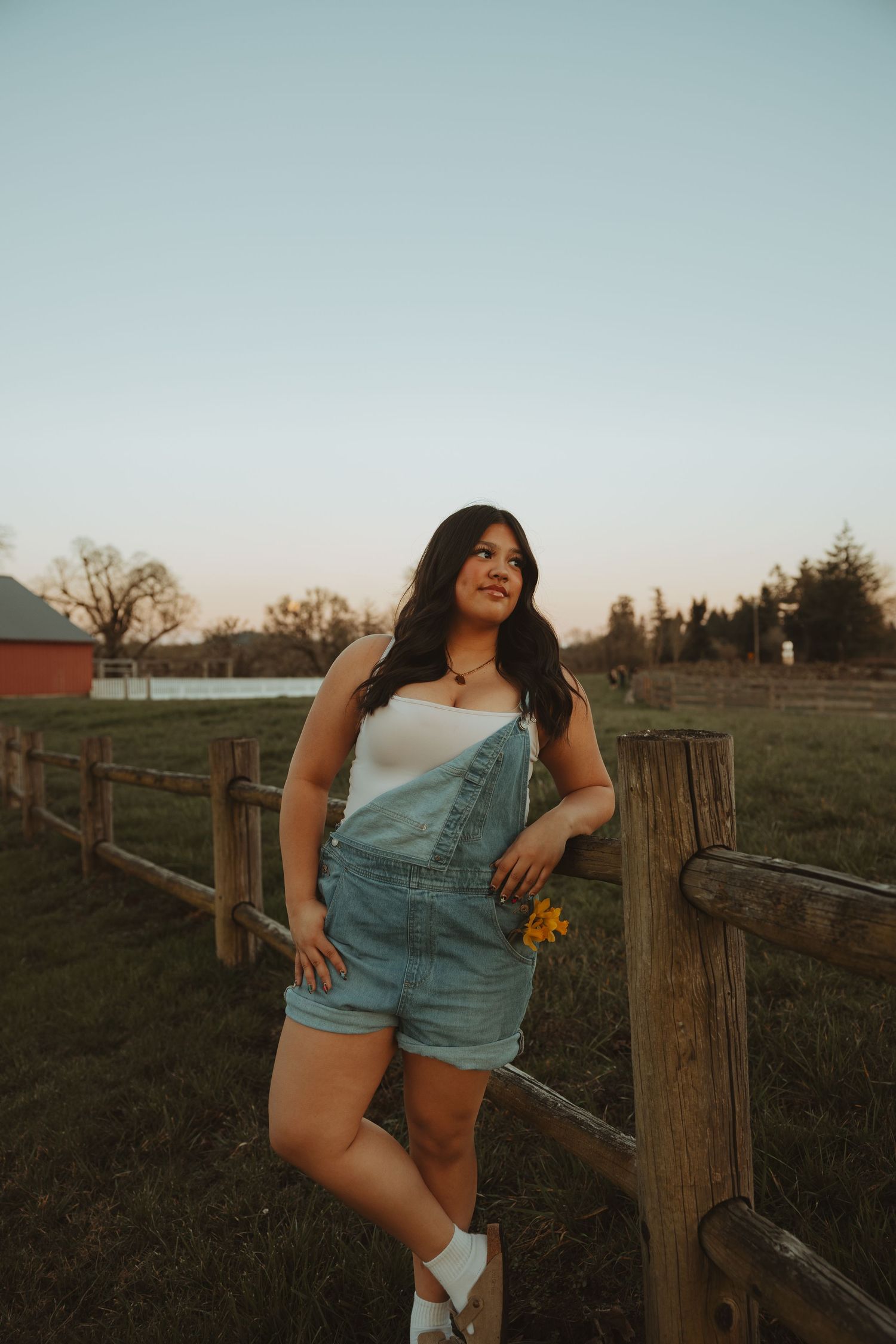 Young woman in denim overall shorts leans on wooden fence at sunset holding yellow flowers.