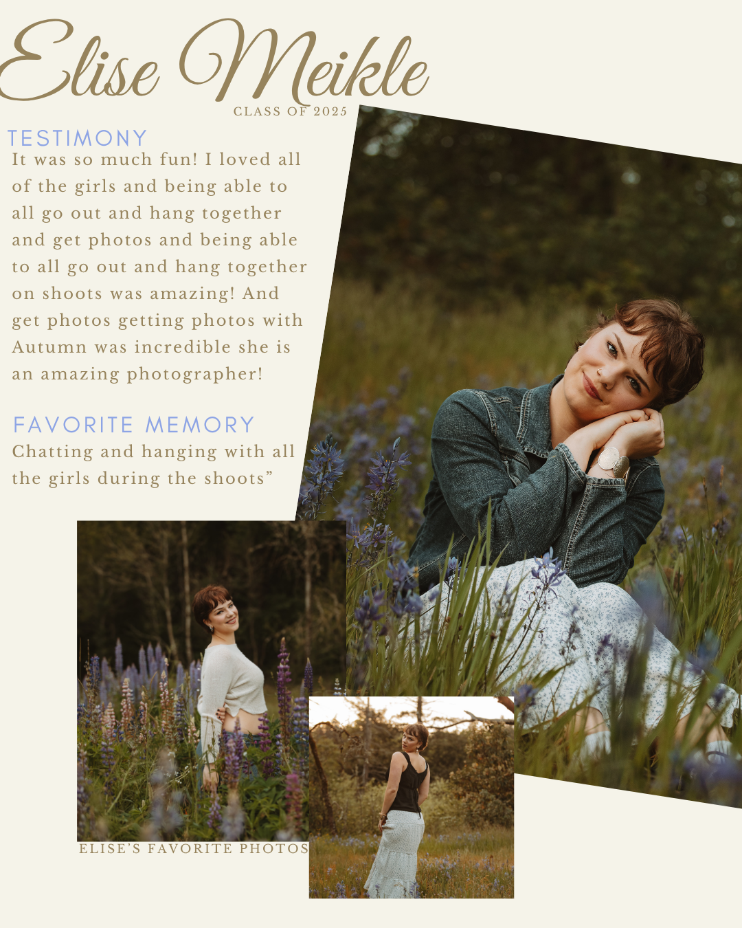 Natural outdoor photography portfolio spread with wildflower field setting.