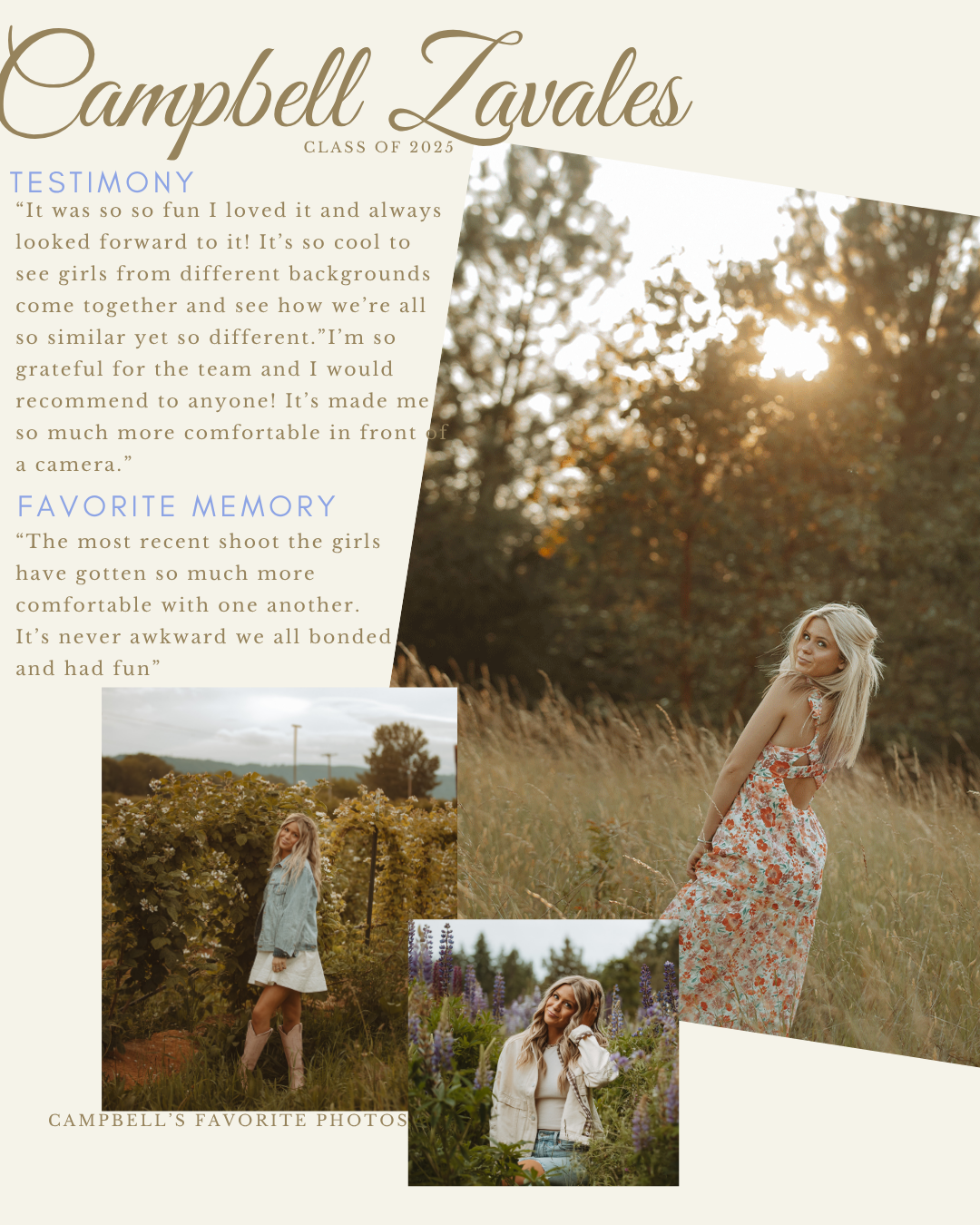 Rustic outdoor photoshoot layout with golden sunset lighting and testimonial text.